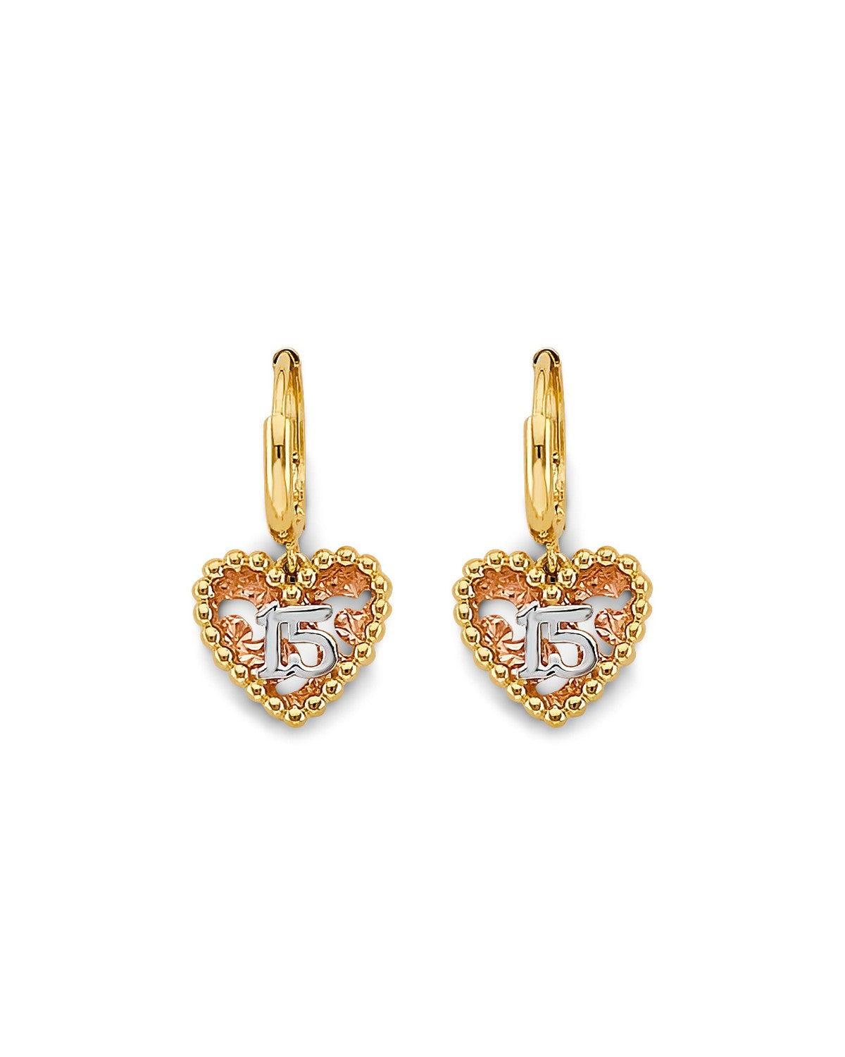 14K Tri-Color Gold 3C Heart 15 Years Huggies Earrings (ER-2178)