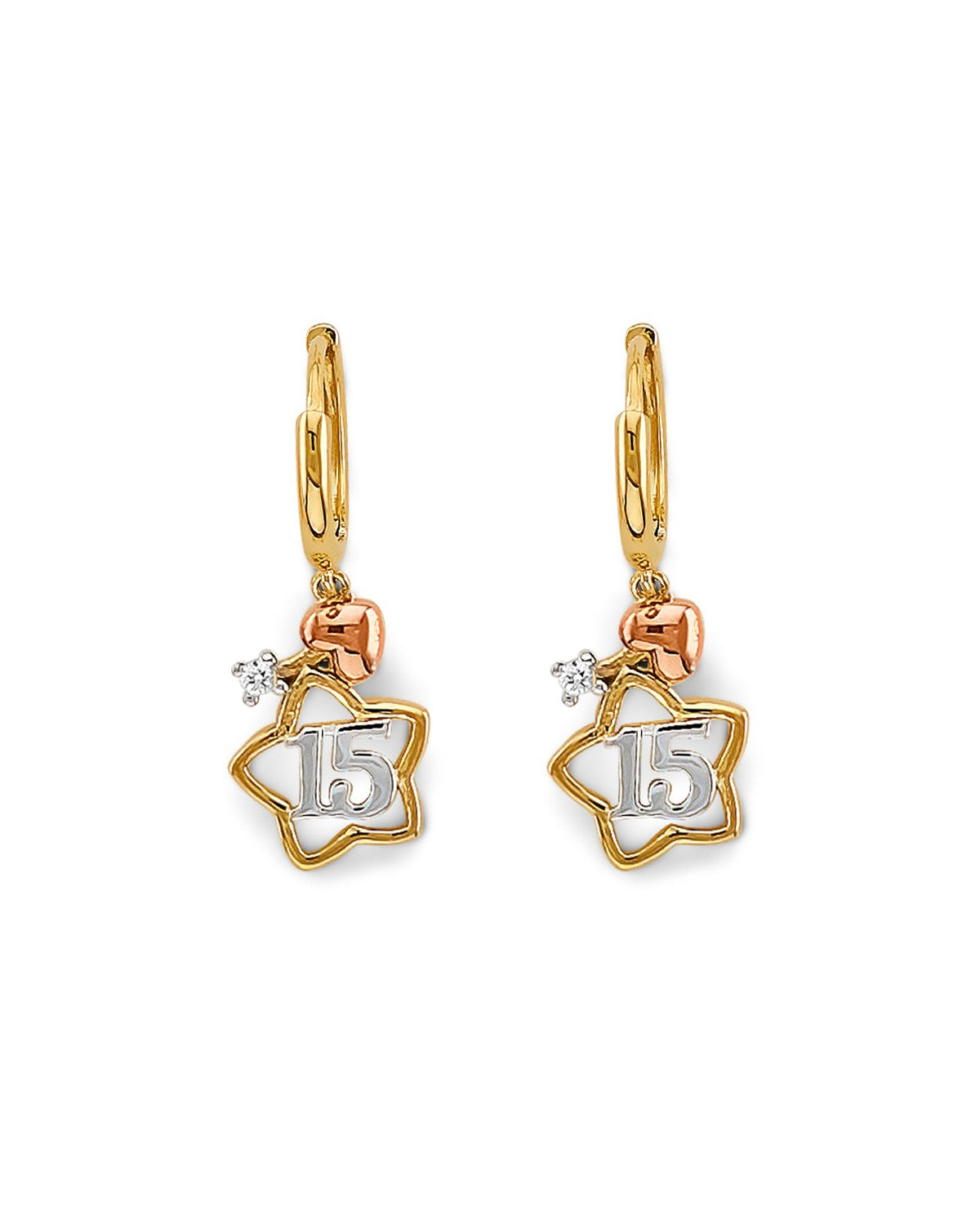 14K Tri-Color Gold 3C Star 15 Years Huggies Earrings (ER-2179)