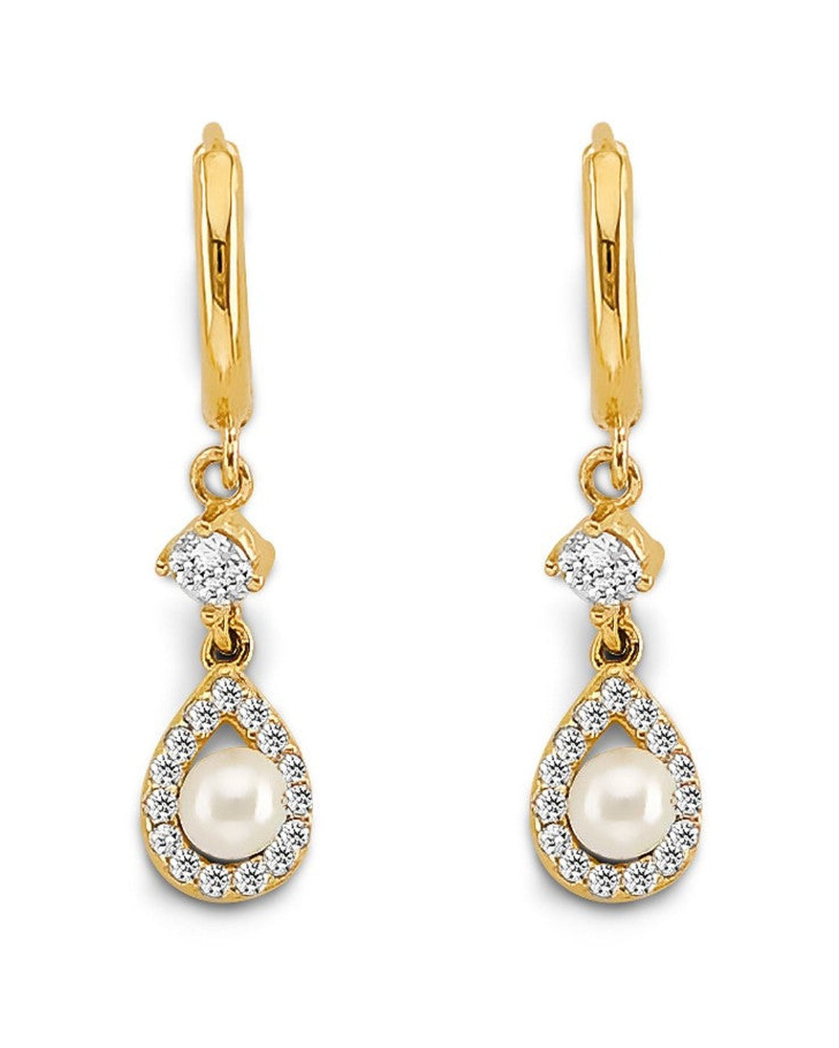 14K Yellow Gold CZ Pearl Hanging Huggies Earrings (ER-2181)