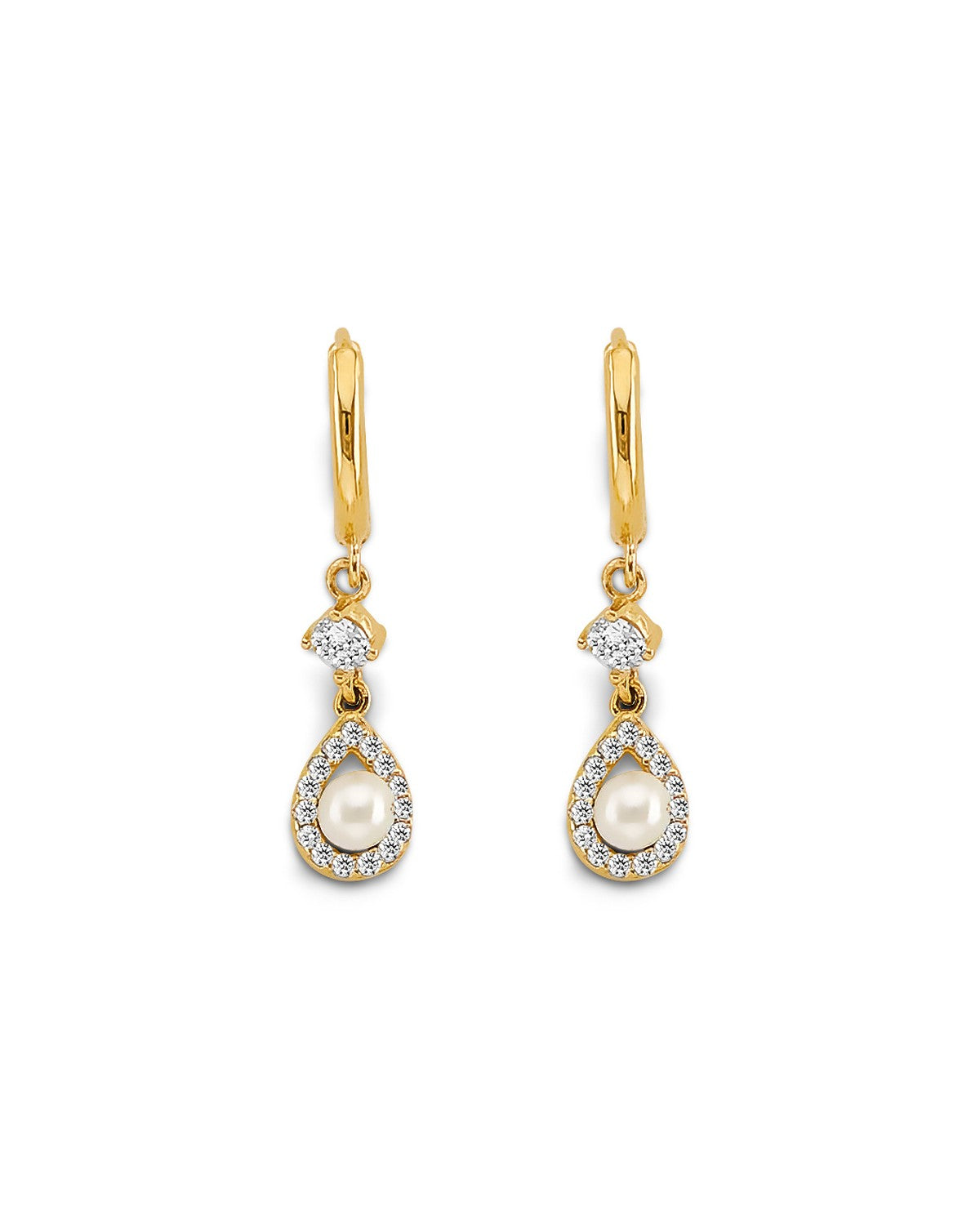 14K Yellow Gold CZ Pearl Hanging Huggies Earrings (ER-2181)