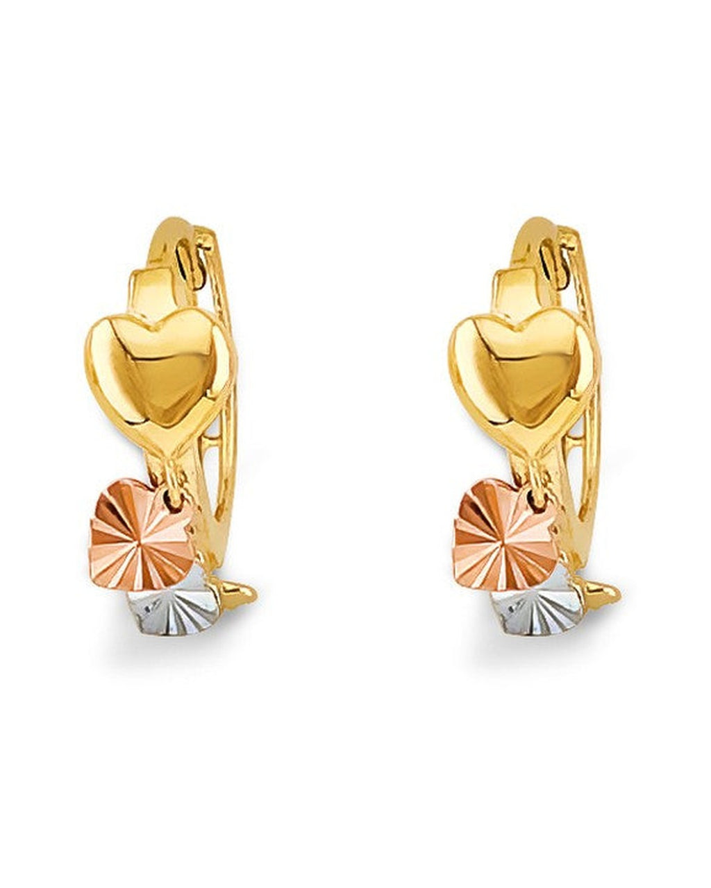 14K Tri-Color Gold 3C Heart Huggies Earrings (ER-2185)