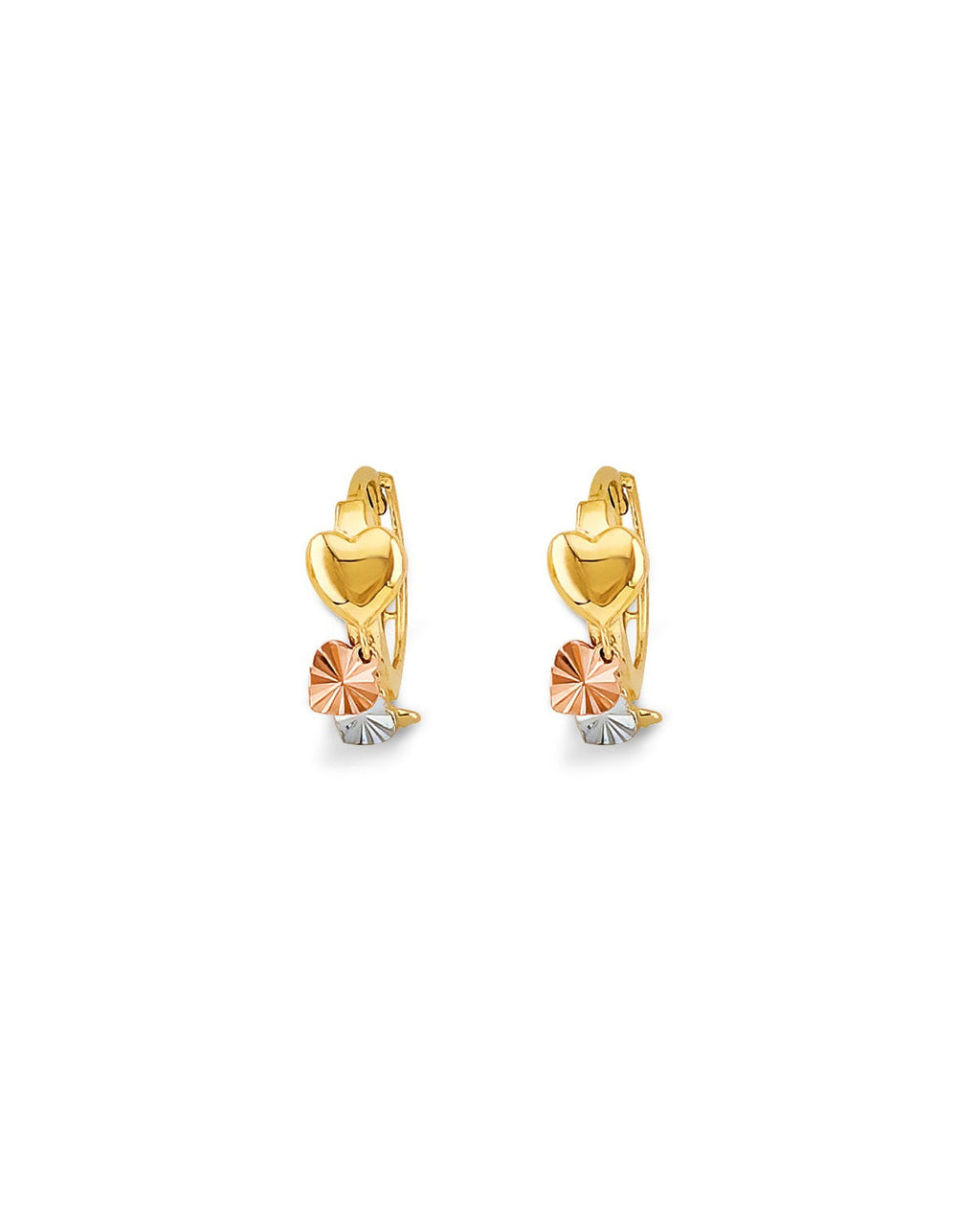 14K Tri-Color Gold 3C Heart Huggies Earrings (ER-2185)