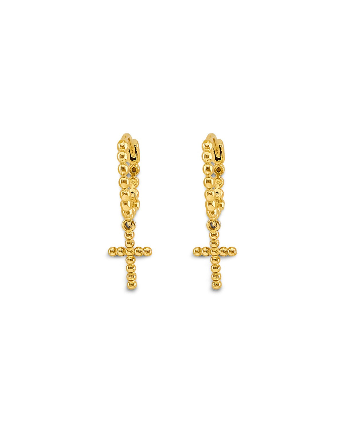 14K Yellow Gold Bead Cross Huggies Earrings (ER-2187)