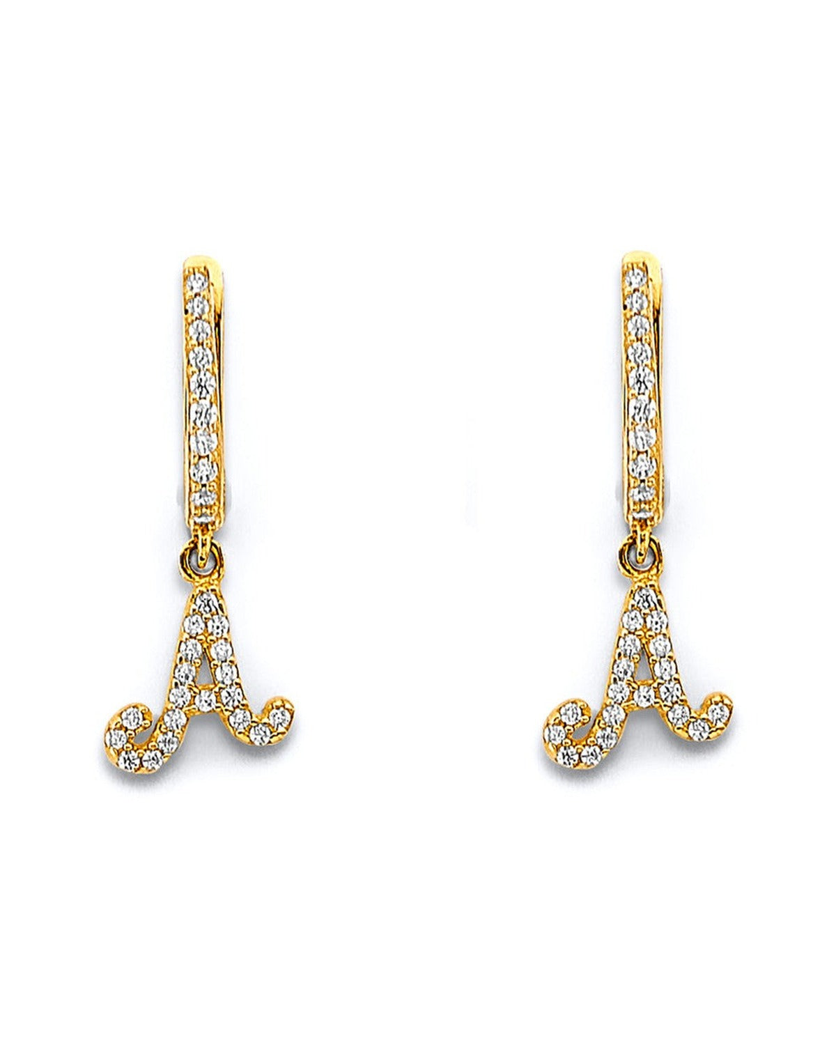14K Yellow Gold 2T CZ Hanging Initial Huggies Earrings (ER-2194)