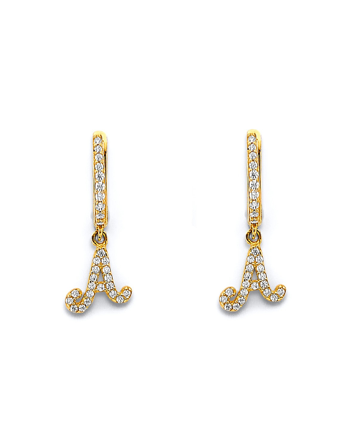 14K Yellow Gold 2T CZ Hanging Initial Huggies Earrings (ER-2194)