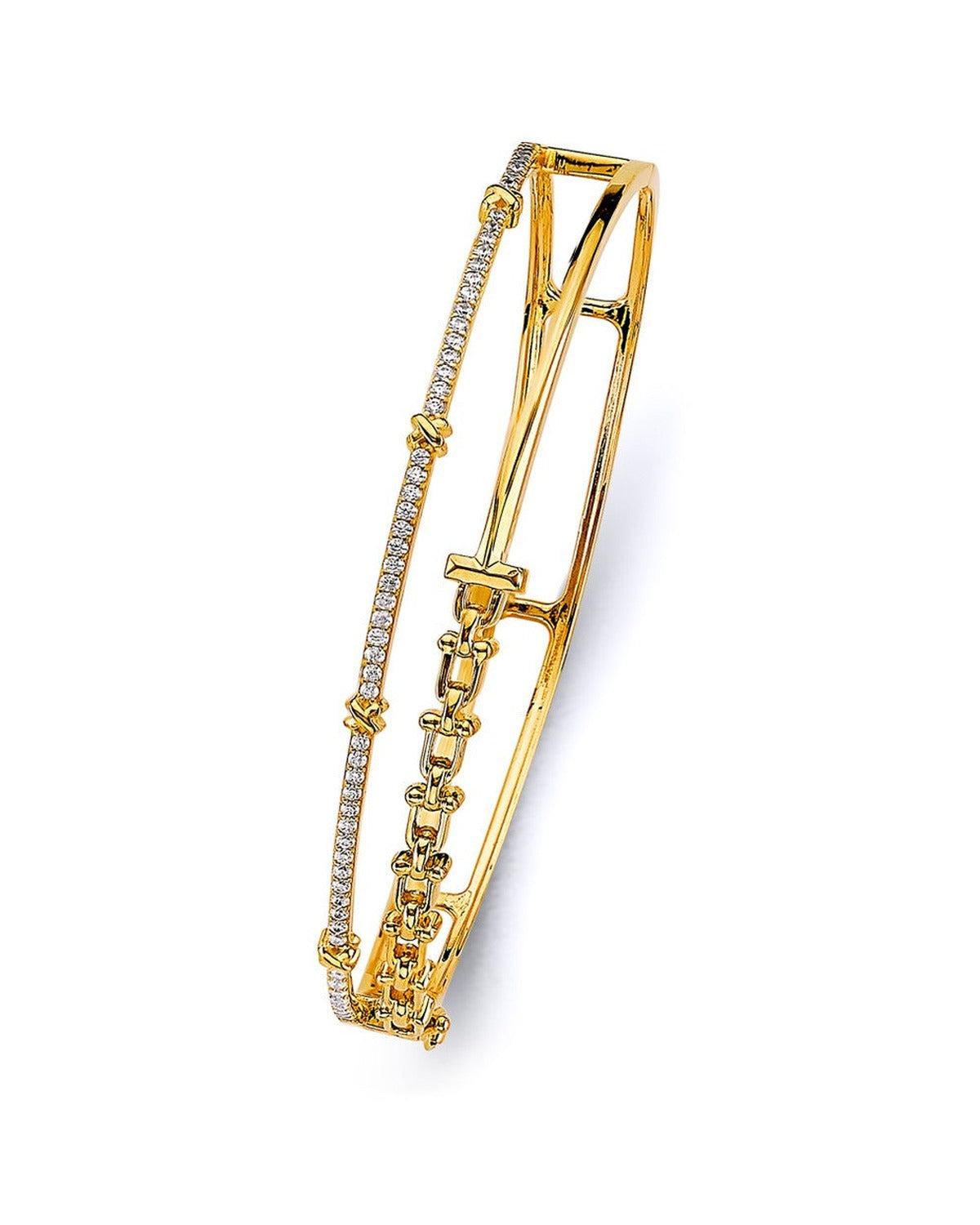 14K Yellow Gold 2 Lines Oval Bangle with CZ (GL-0159)