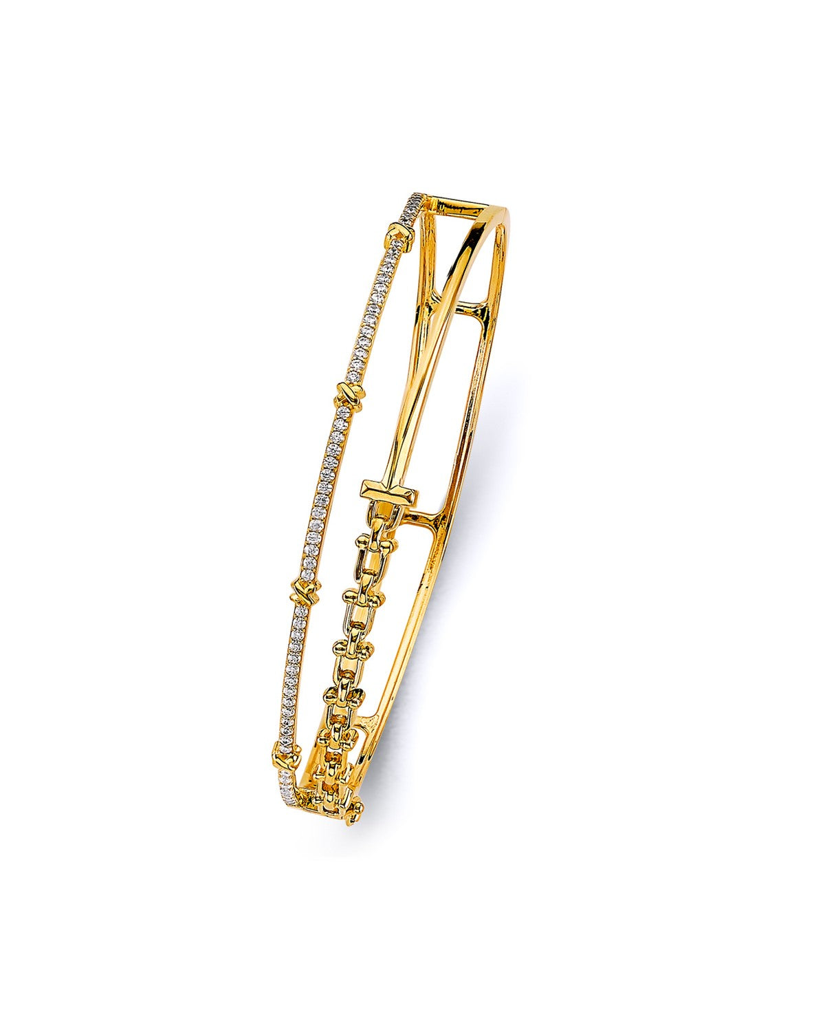 14K Yellow Gold 2 Lines Oval Bangle with CZ (GL-0159)