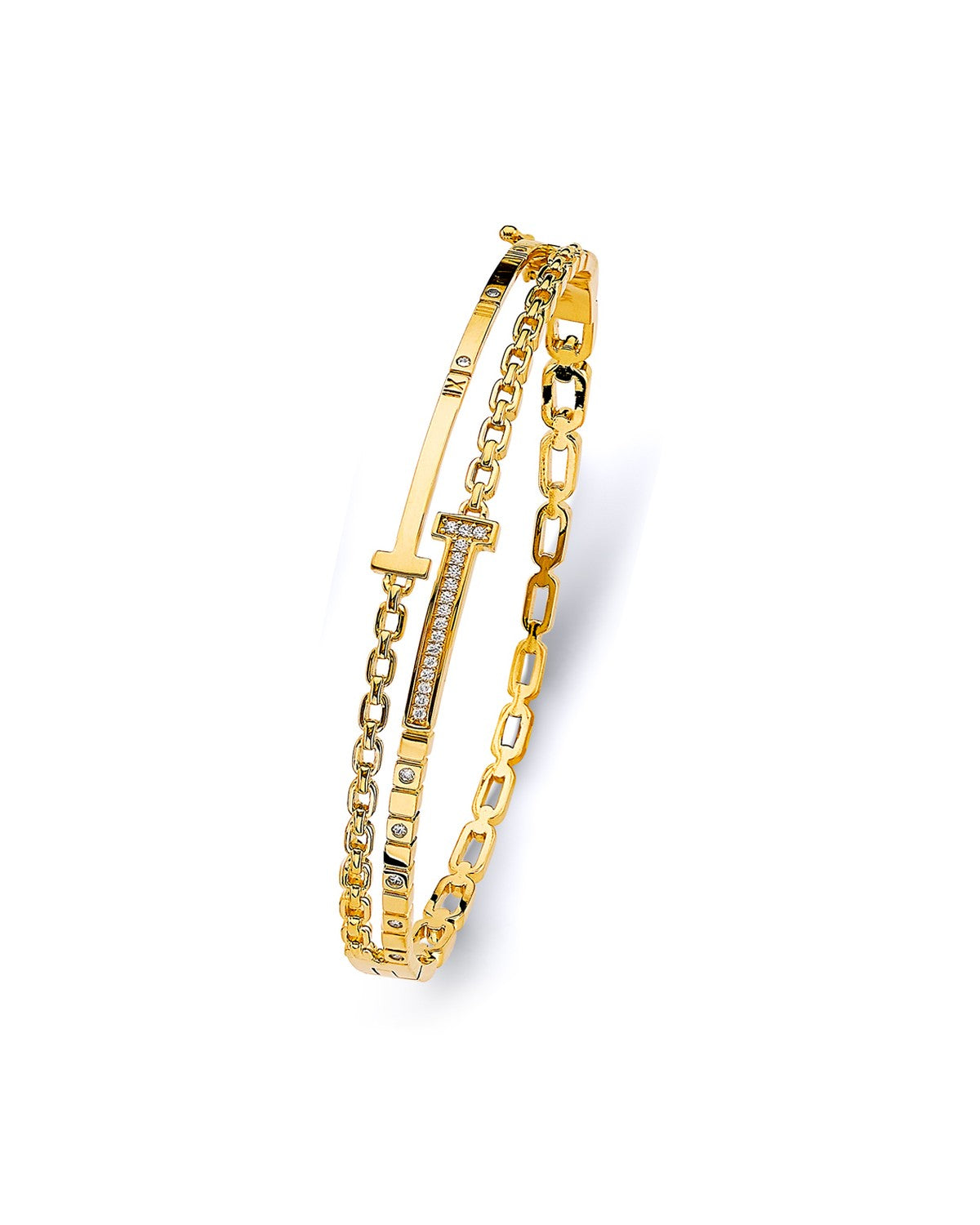 14K Yellow Gold 2 Lines Oval Bangle with CZ (GL-0160)