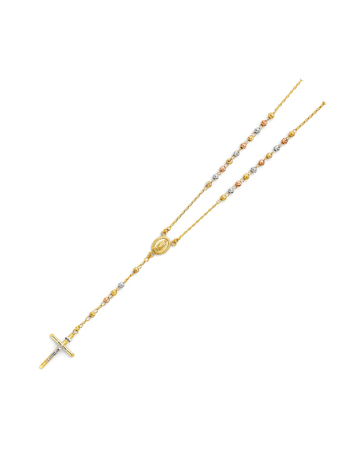 14K Tri-Color Gold 3C 4mm Moon Ball Rosary Necklace (NK-0176)