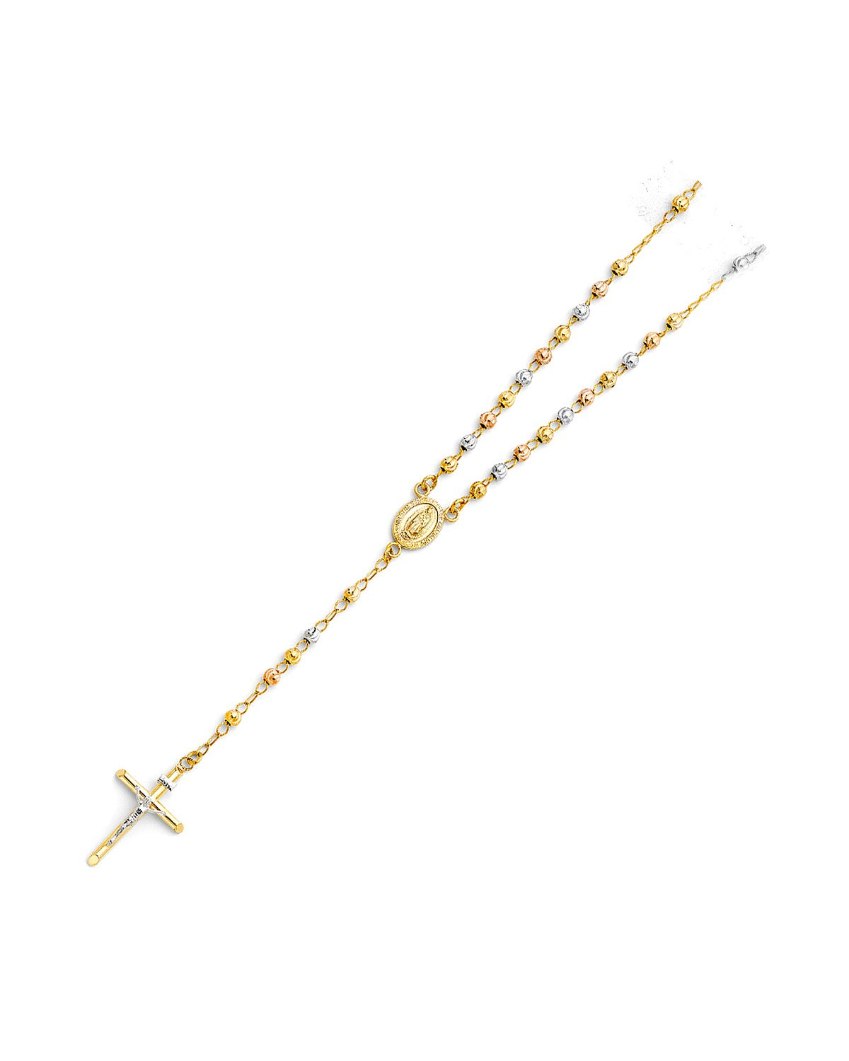 14K Tri-Color Gold 3C 4mm Moon Ball Rosary Necklace (NK-0187)