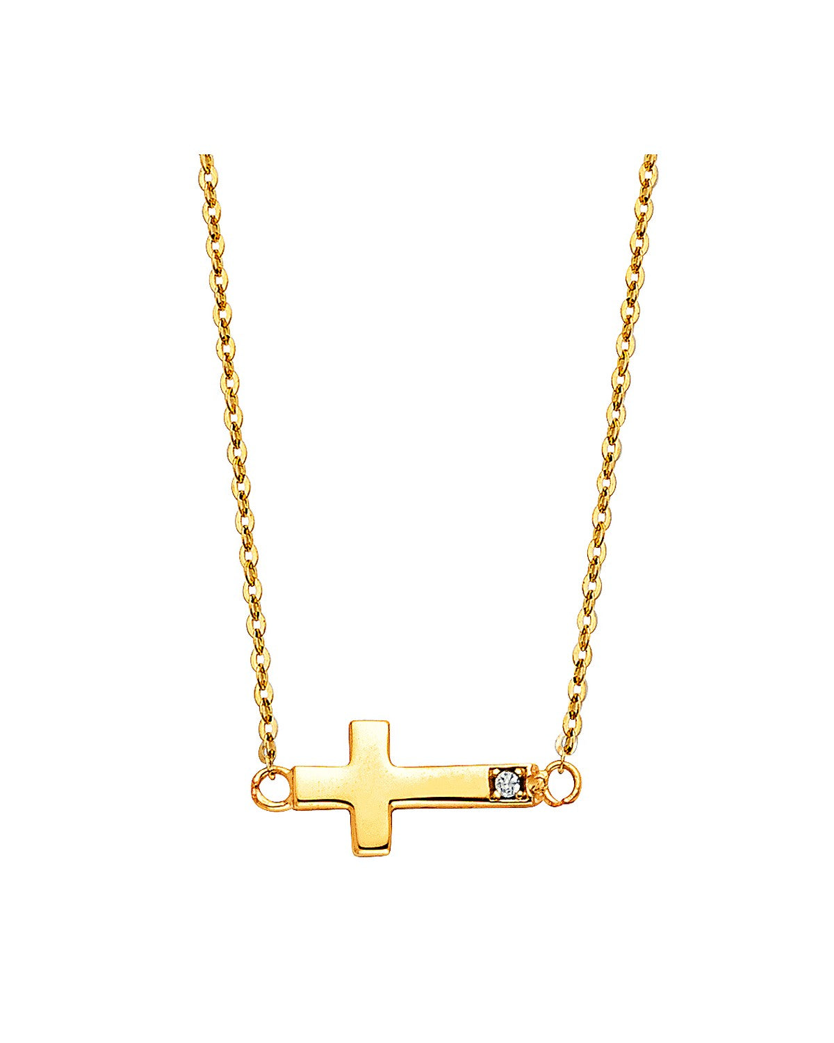 14K Yellow Gold CZ Side Way Cross Necklace (NK-0209)