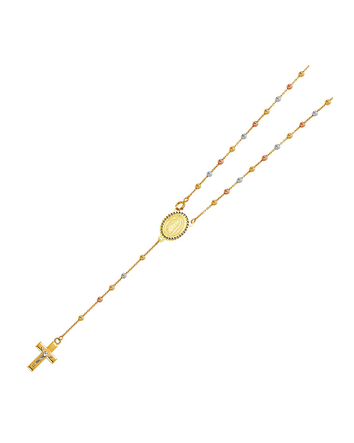 14K Tri-Color Gold 3C 2.5mm Moon Cut Ball Rosary Necklace (NK-0238)