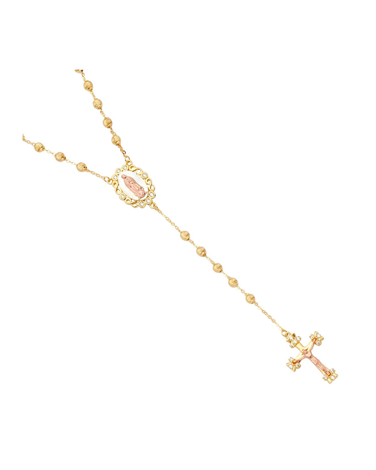 14K Tri-Color Gold 3C 3mm Moon Cut Ball CZ Rosary Necklace (NK-0295)