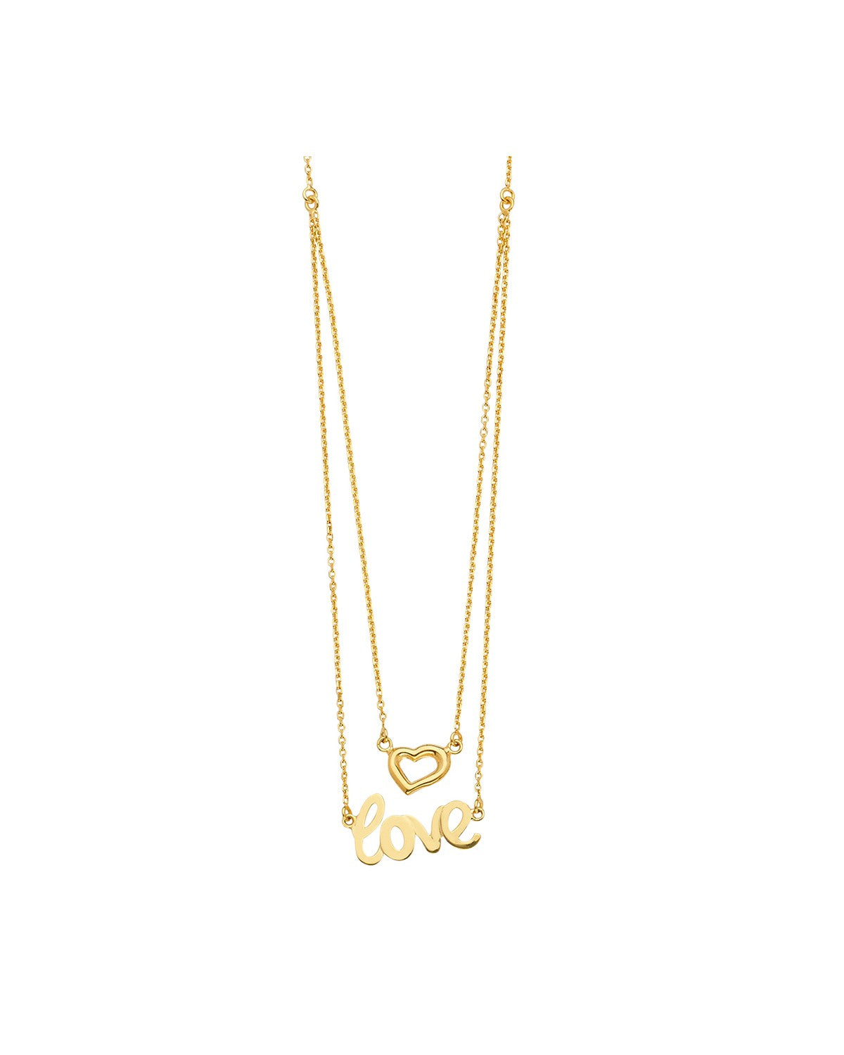 14K Yellow Gold 2Lines Necklace with Heart+Love (NK-0314)