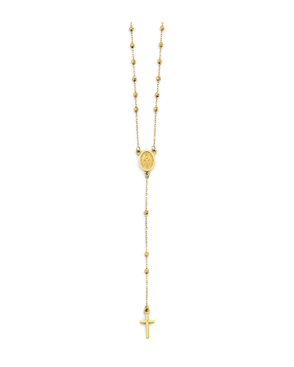 14K Yellow Gold 2mm DC Ball Rosary Necklace with Virgin Mary (NK-0348)