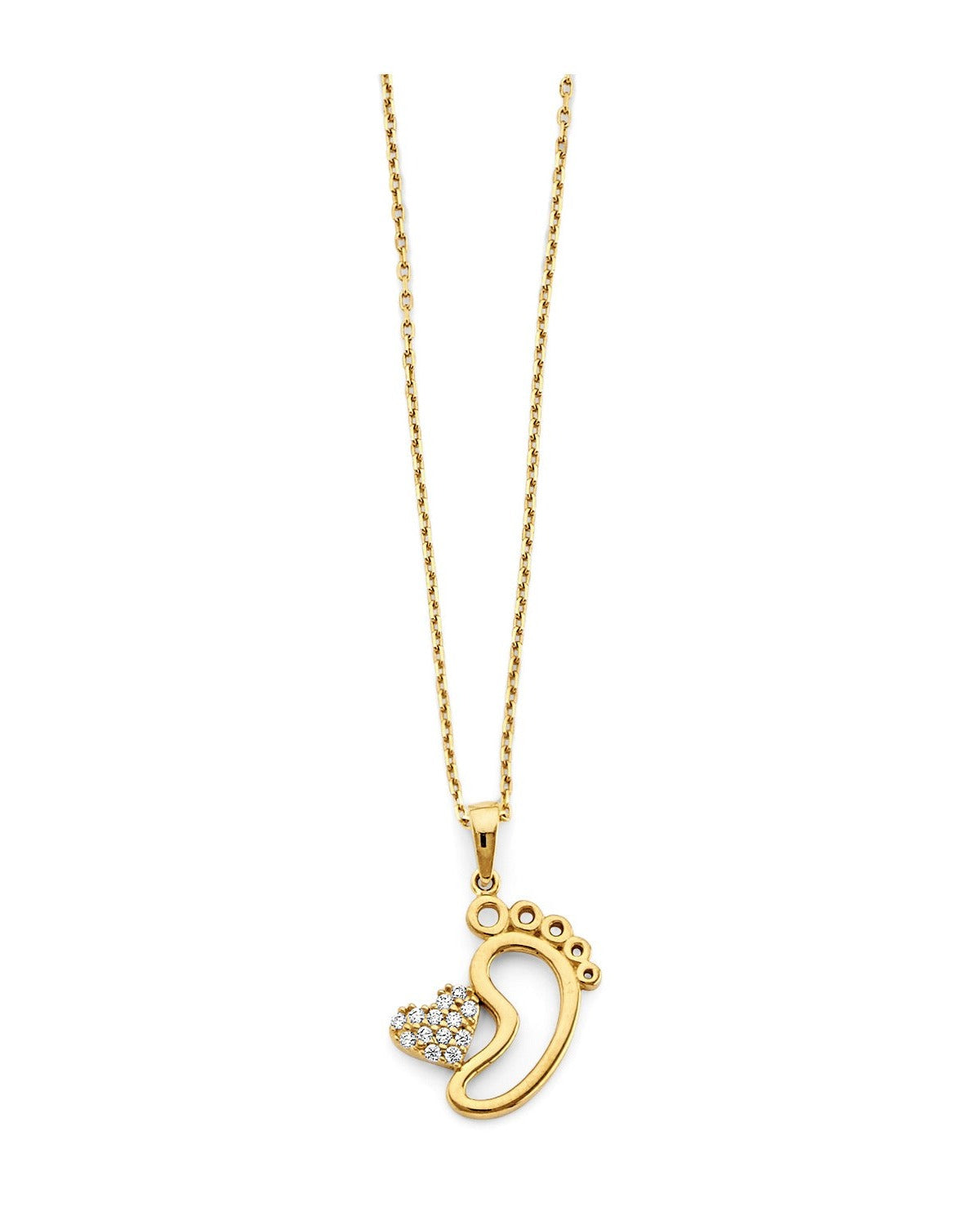 14K Yellow Gold CZ Heart and Baby Foot Necklace (NK-0376)