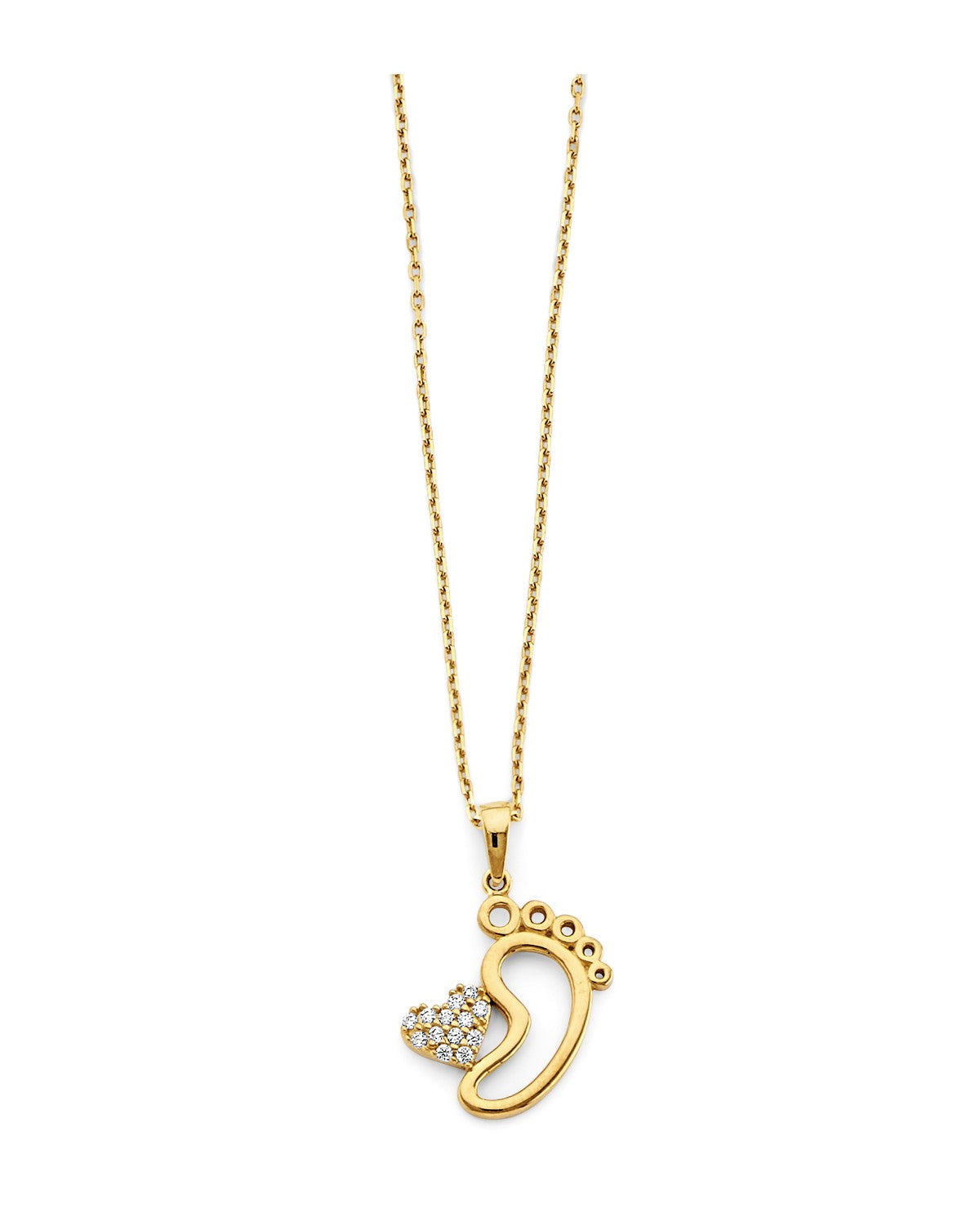 14K Yellow Gold CZ Heart and Baby Foot Necklace (NK-0376)