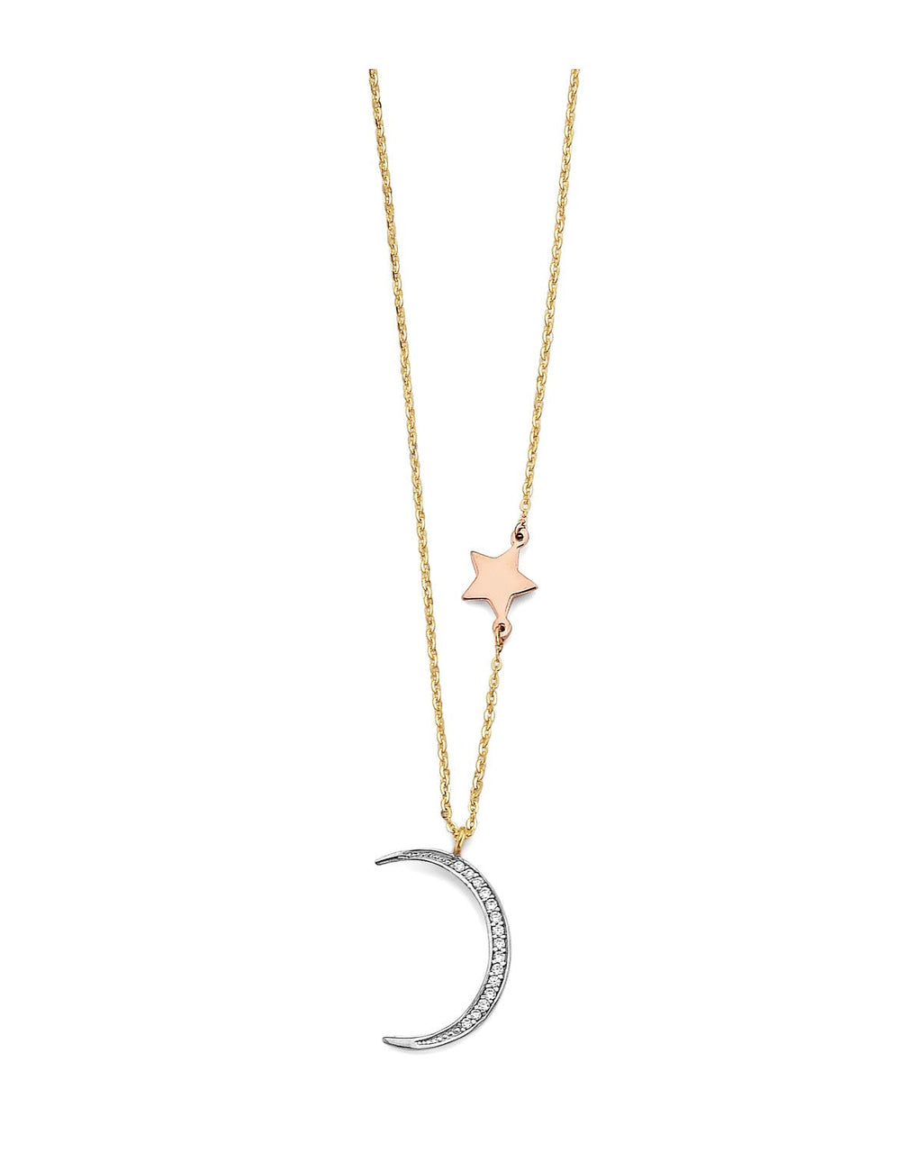 14K Tri-Color Gold 3C CZ Moon and Star Necklace (NK-0385)