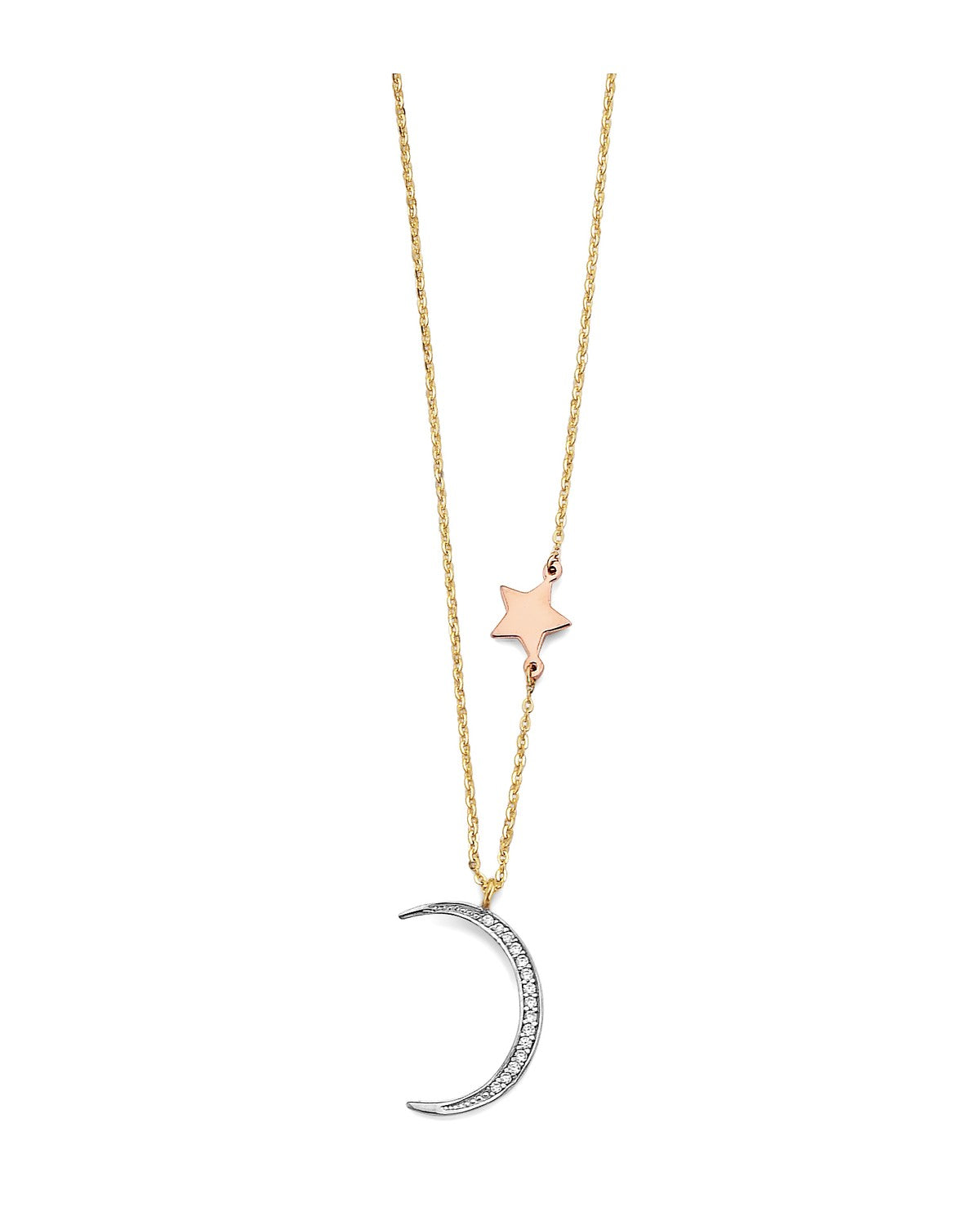 14K Tri-Color Gold 3C CZ Moon and Star Necklace (NK-0385)