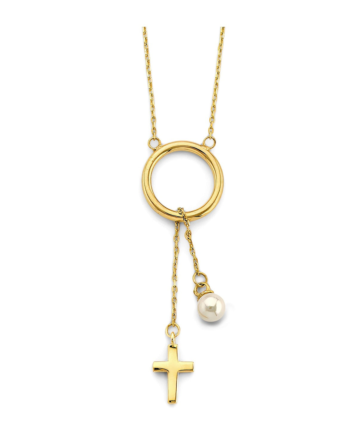 14K Yellow Gold Circle Necklace with Hanging Cross & Pearl (NK-0395)