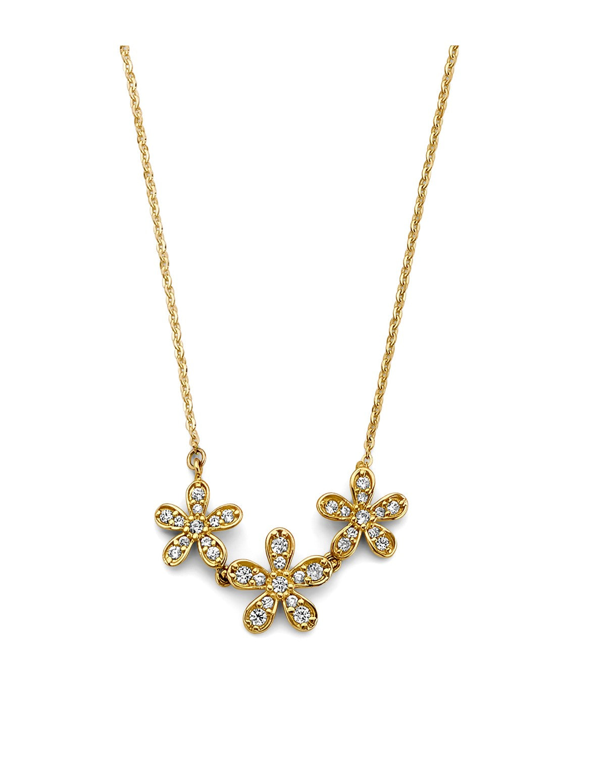 14K Yellow Gold 3 CZ Flowers Necklace (NK-0426)