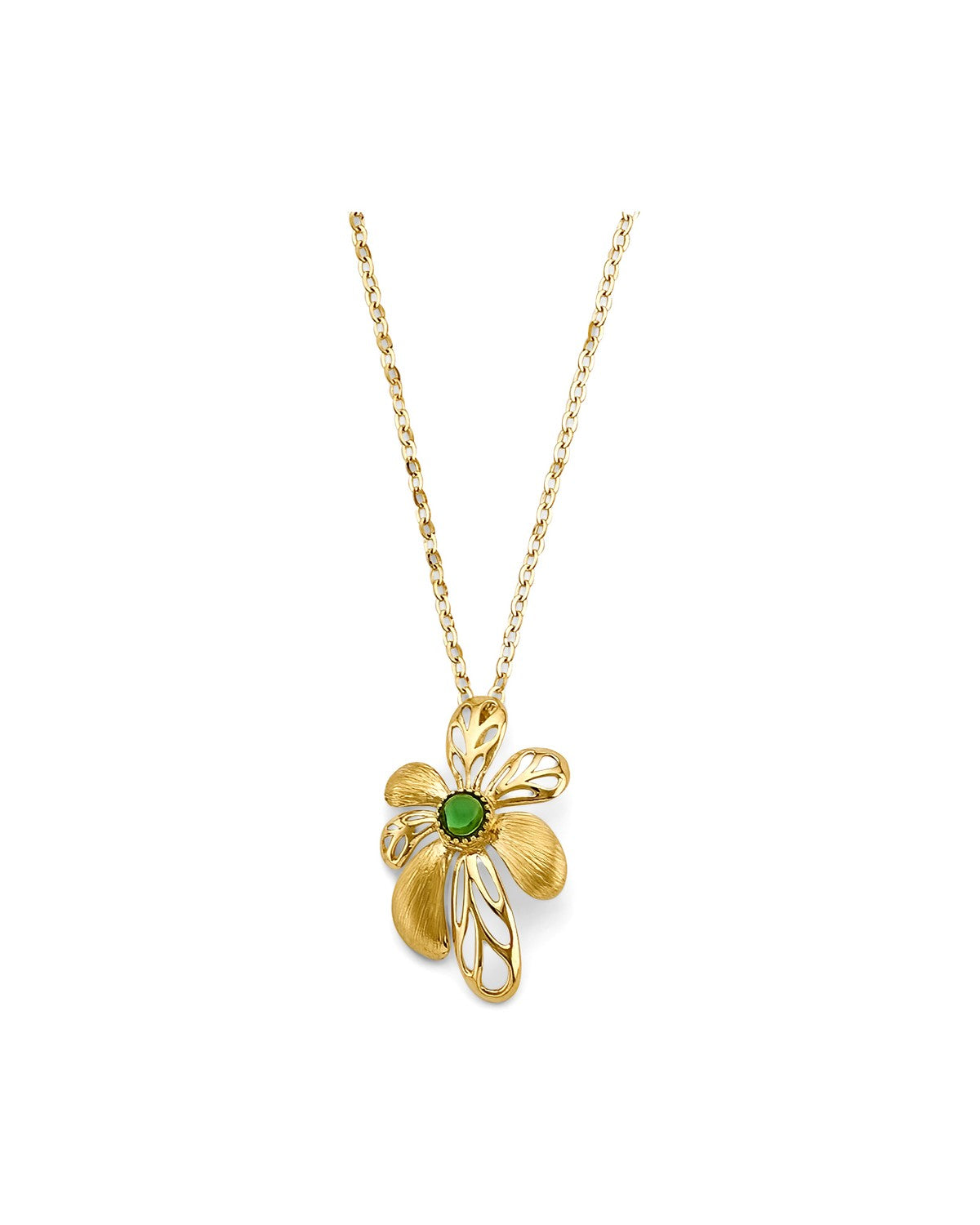 14K Yellow Gold Green Stone Flower Necklace (NK-0427)