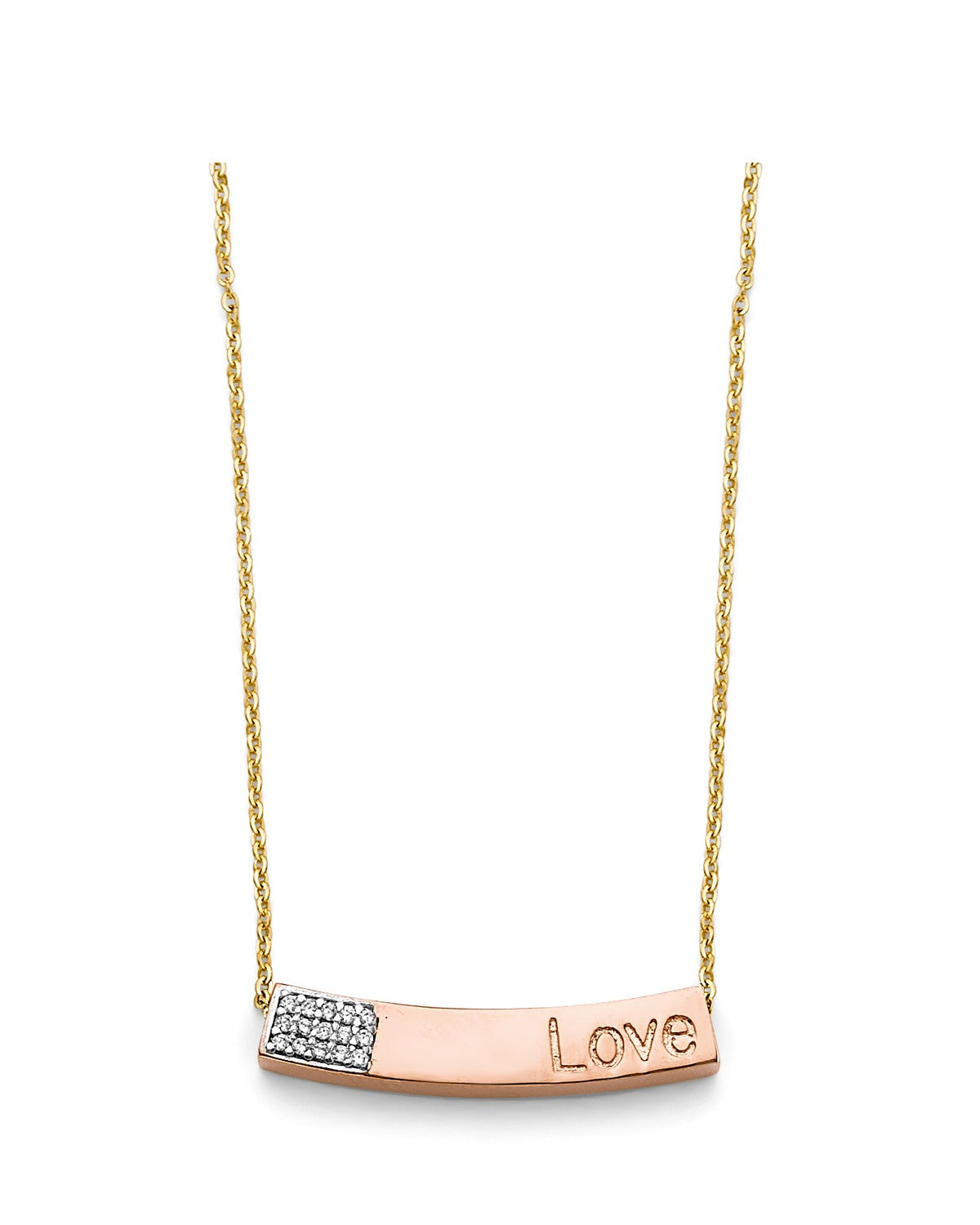 14K Tri-Color Gold 3C CZ Curved Love Pink Bar Necklace (NK-0443)
