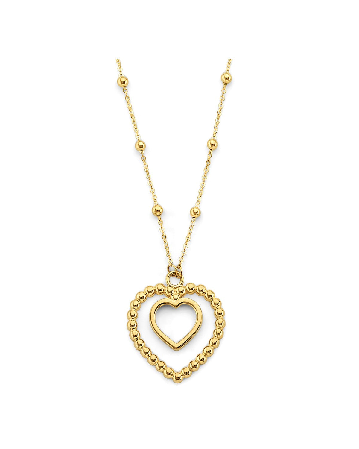 14K Yellow Gold 2 Heart Pendants Bead Necklace (NK-0446)