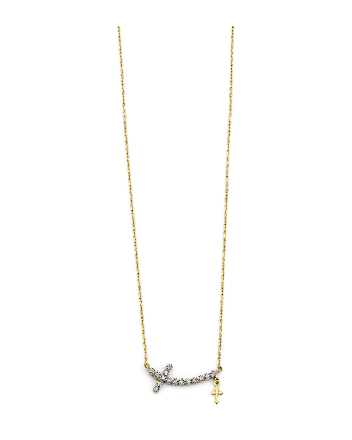 14K Two-Tone Gold 2T Double Cross CZ Necklace (NK-0491)