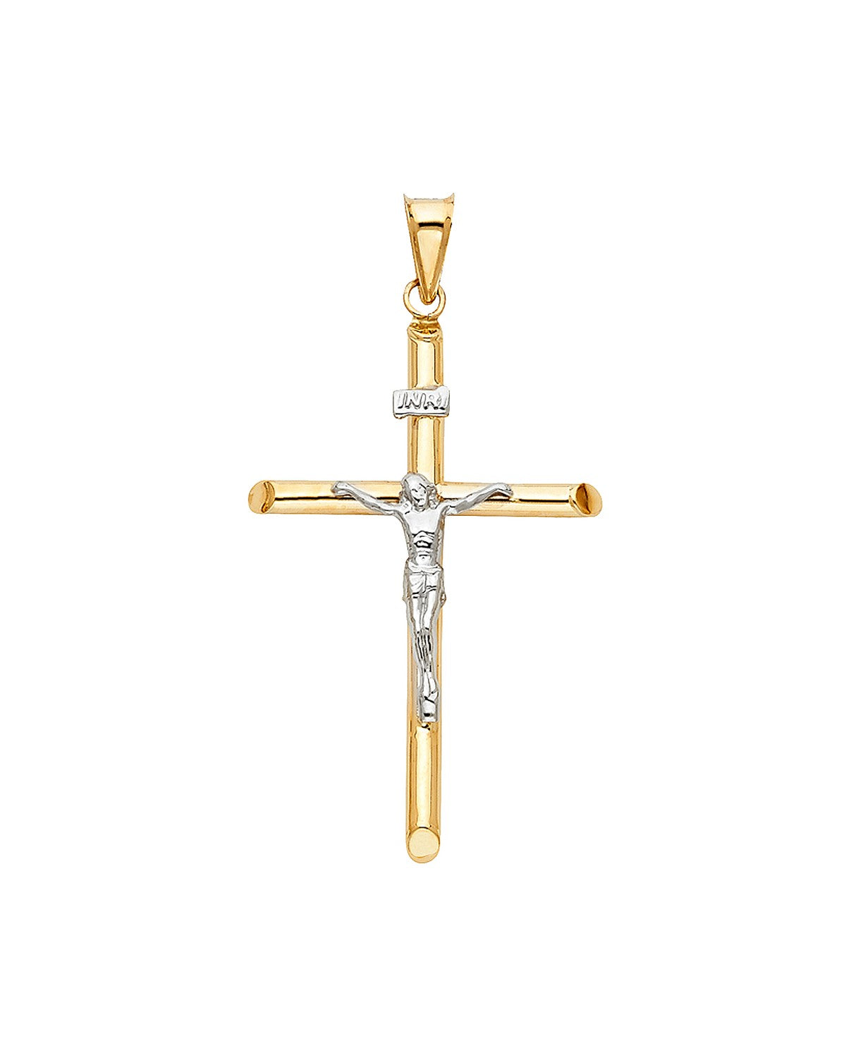 14K Two-Tone Gold 2T Hollow Round Tube Crucufix (25X50mm) (PT-0002)