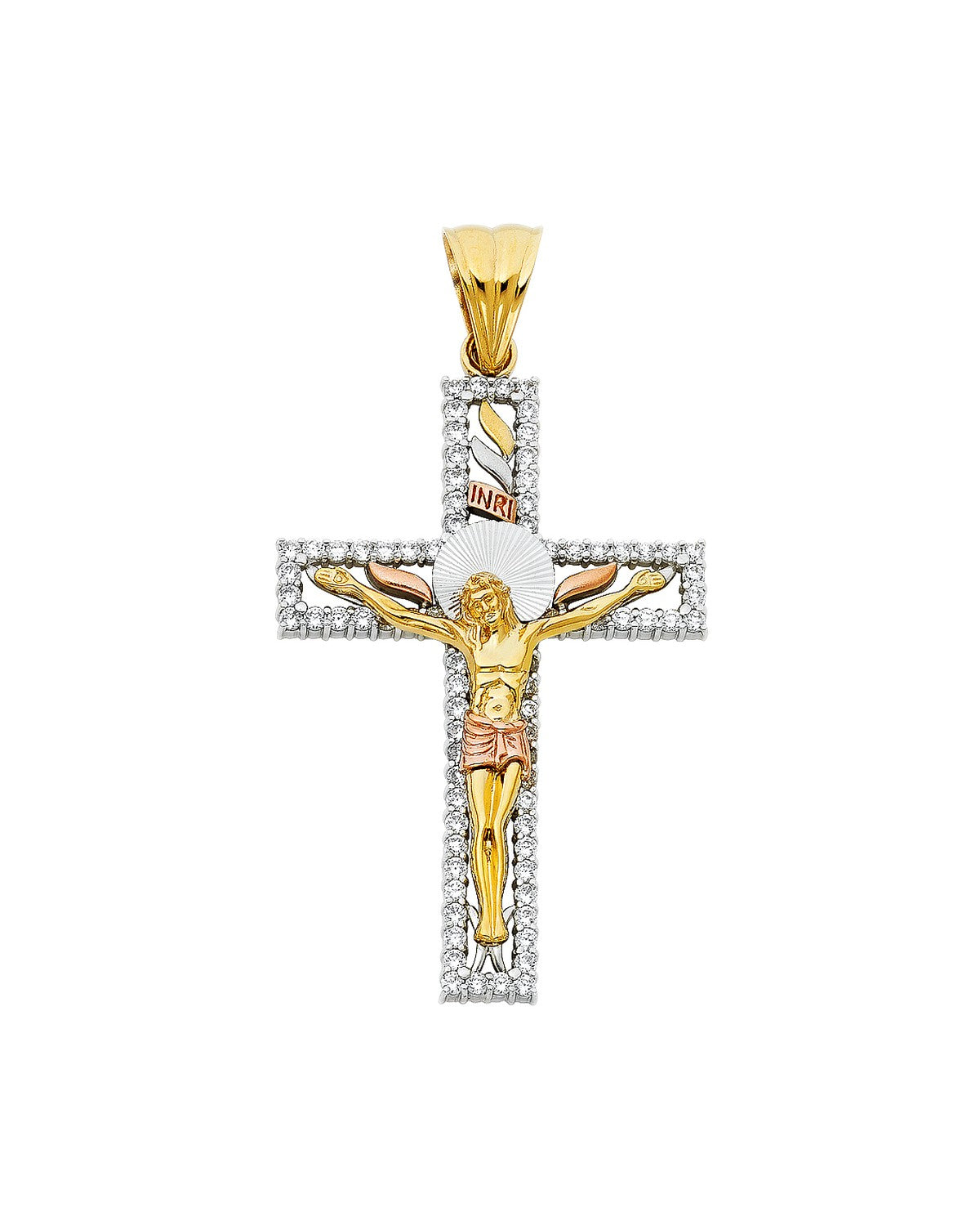 14K Tri-Color Gold 3C CZ Fancy Crucufix Pendant (PT-0927)