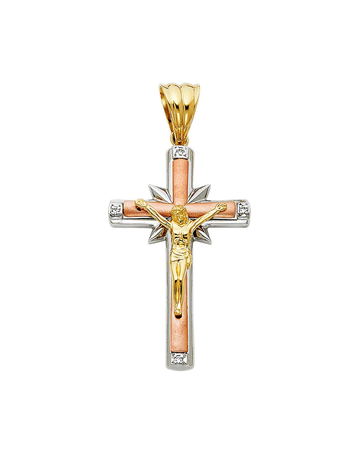 14K Tri-Color Gold 3C CZ Fancy Crucufix Pendant (PT-0930)