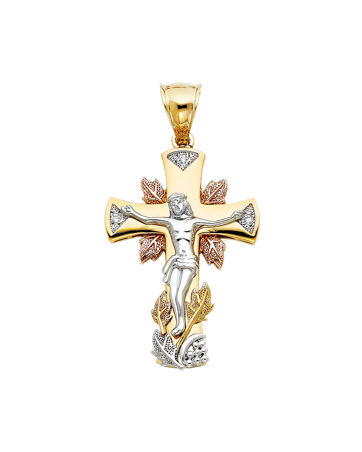 14K Tri-Color Gold 3C CZ Fancy Crucufix Pendant (PT-0932)
