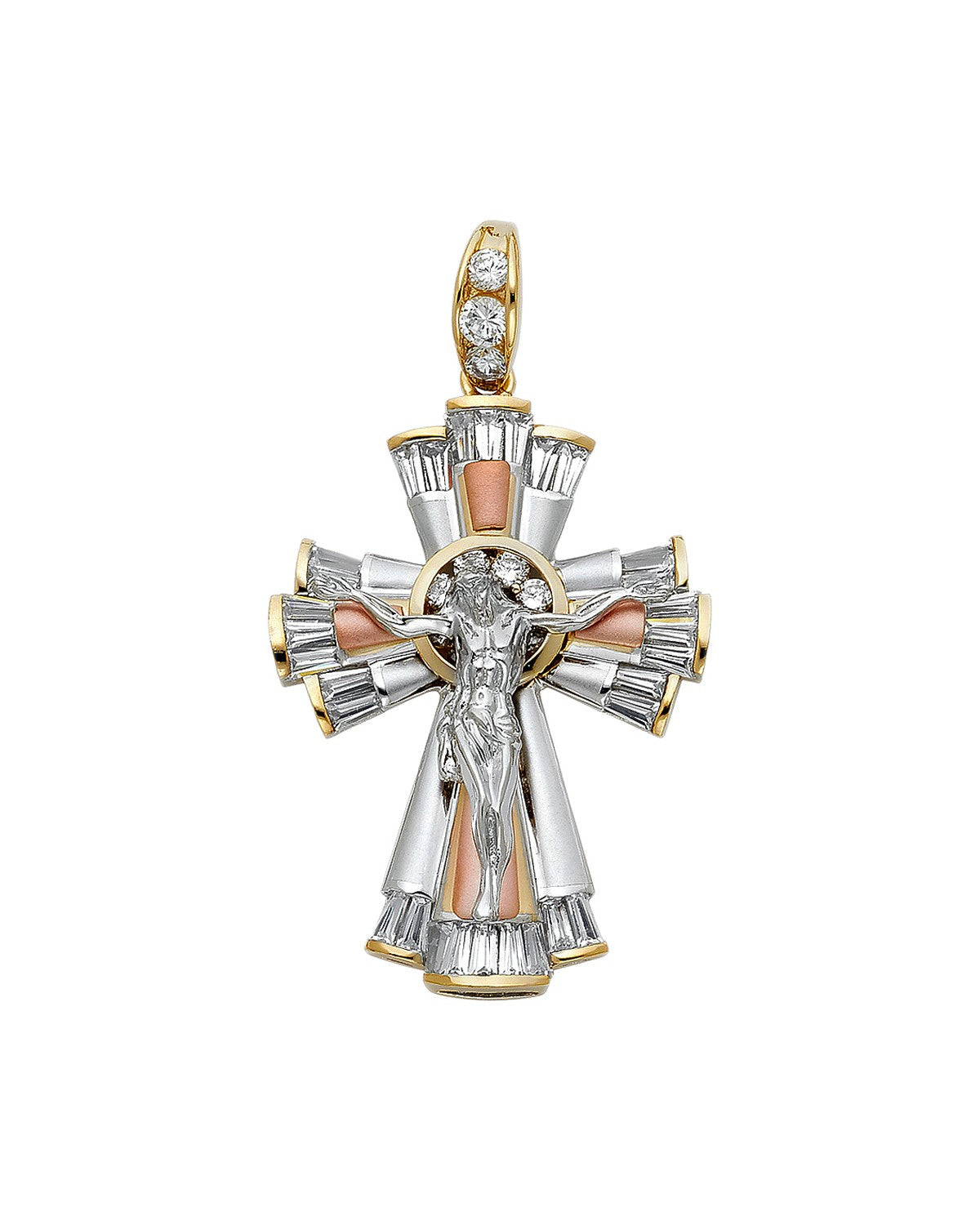 14K Tri-Color Gold 3C CZ Fancy Crucufix Pendant (PT-0933)
