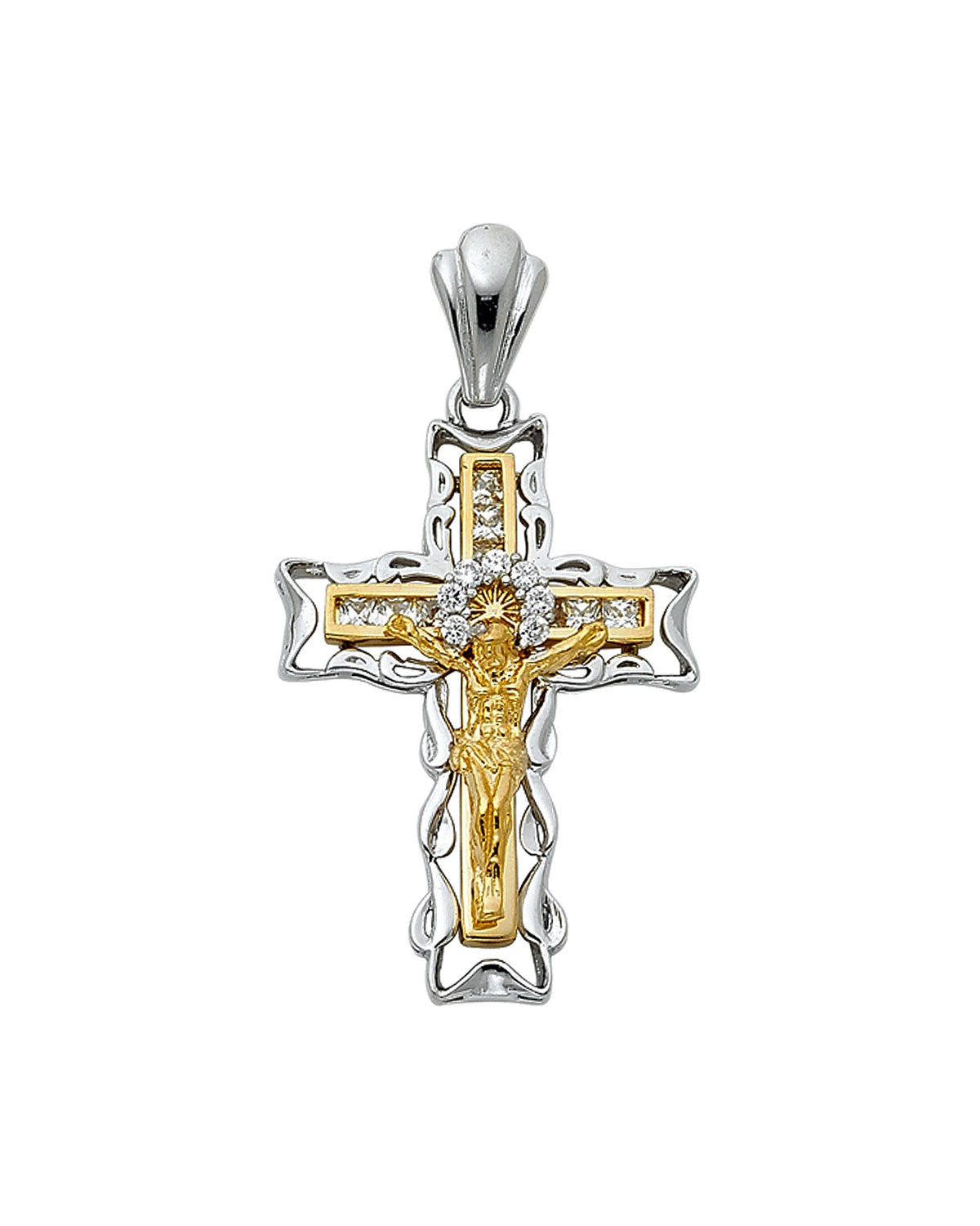 14K Two-Tone Gold 2T CZ Fancy Crucufix Pendant (PT-0935)