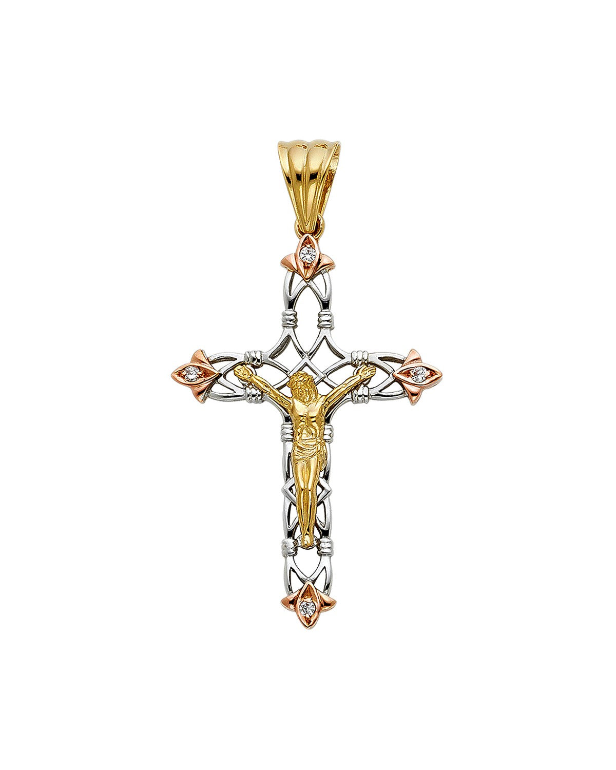 14K Tri-Color Gold 3C CZ Fancy Crucufix Pendant (PT-0936)