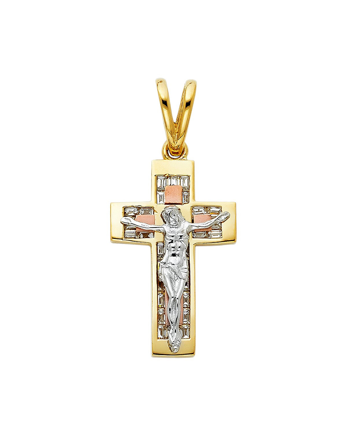 14K Tri-Color Gold 3C CZ Fancy Crucufix Pendant (PT-0940)