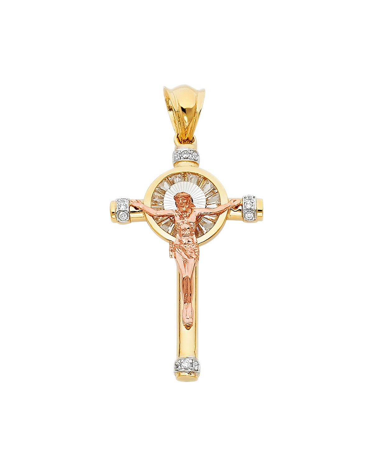 14K Tri-Color Gold 3C CZ Crucufix Pendant (PT-0941)