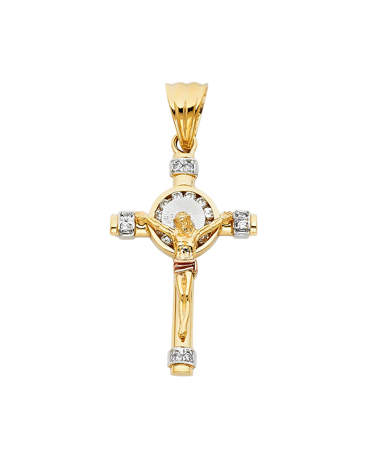 14K Tri-Color Gold 3C CZ Crucufix Pendant (PT-0942)