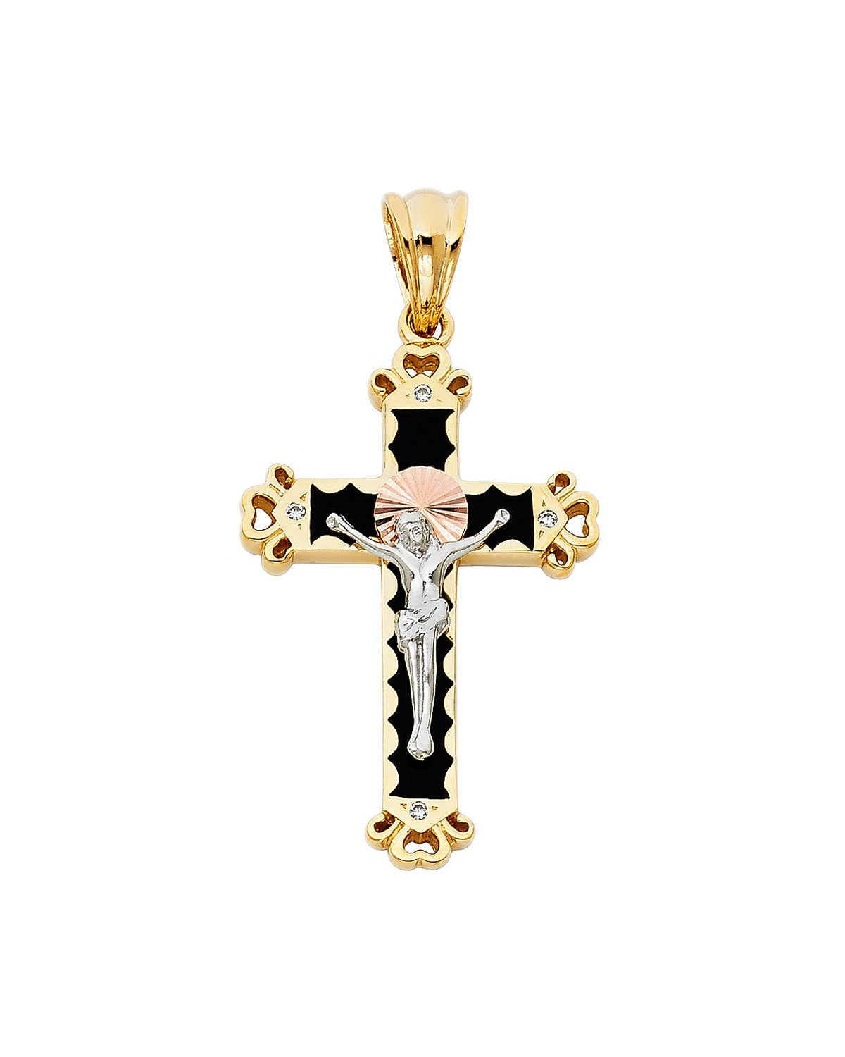 14K Tri-Color Gold 3C CZ Crucufix Pendant (PT-0944)