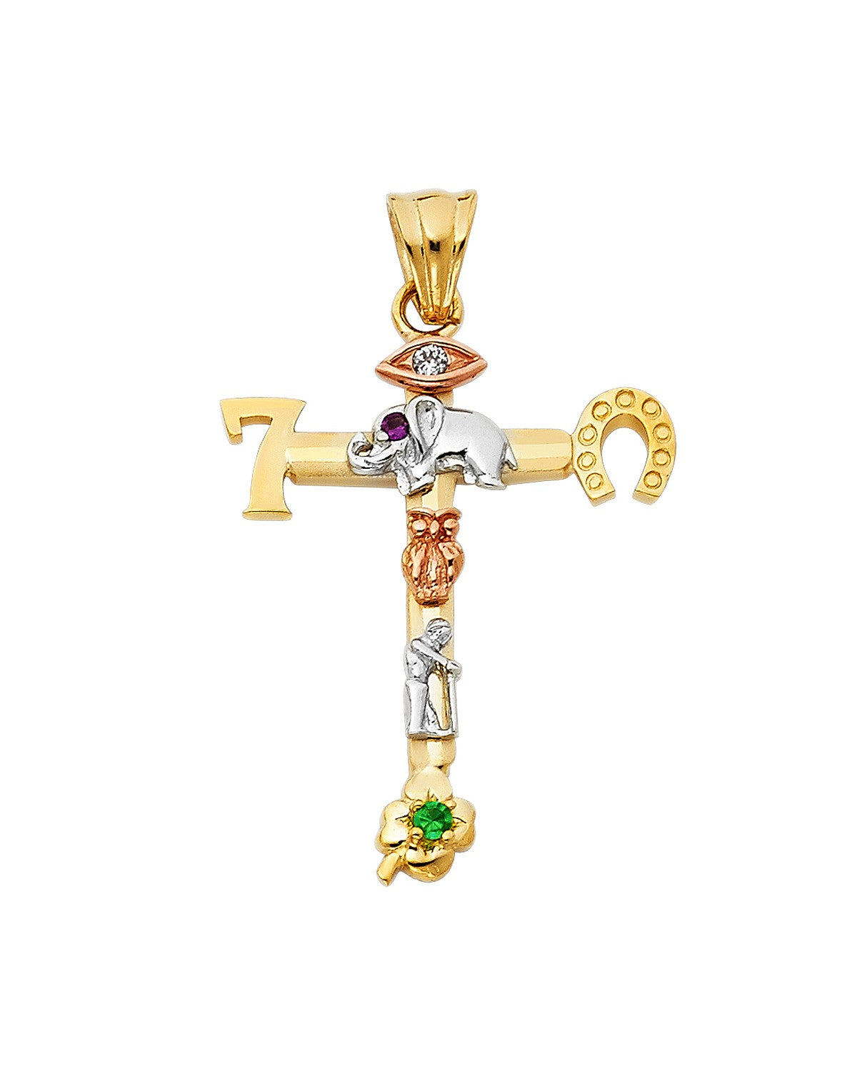 14K Tri-Color Gold Lucky Cross Pendant (PT-0951)