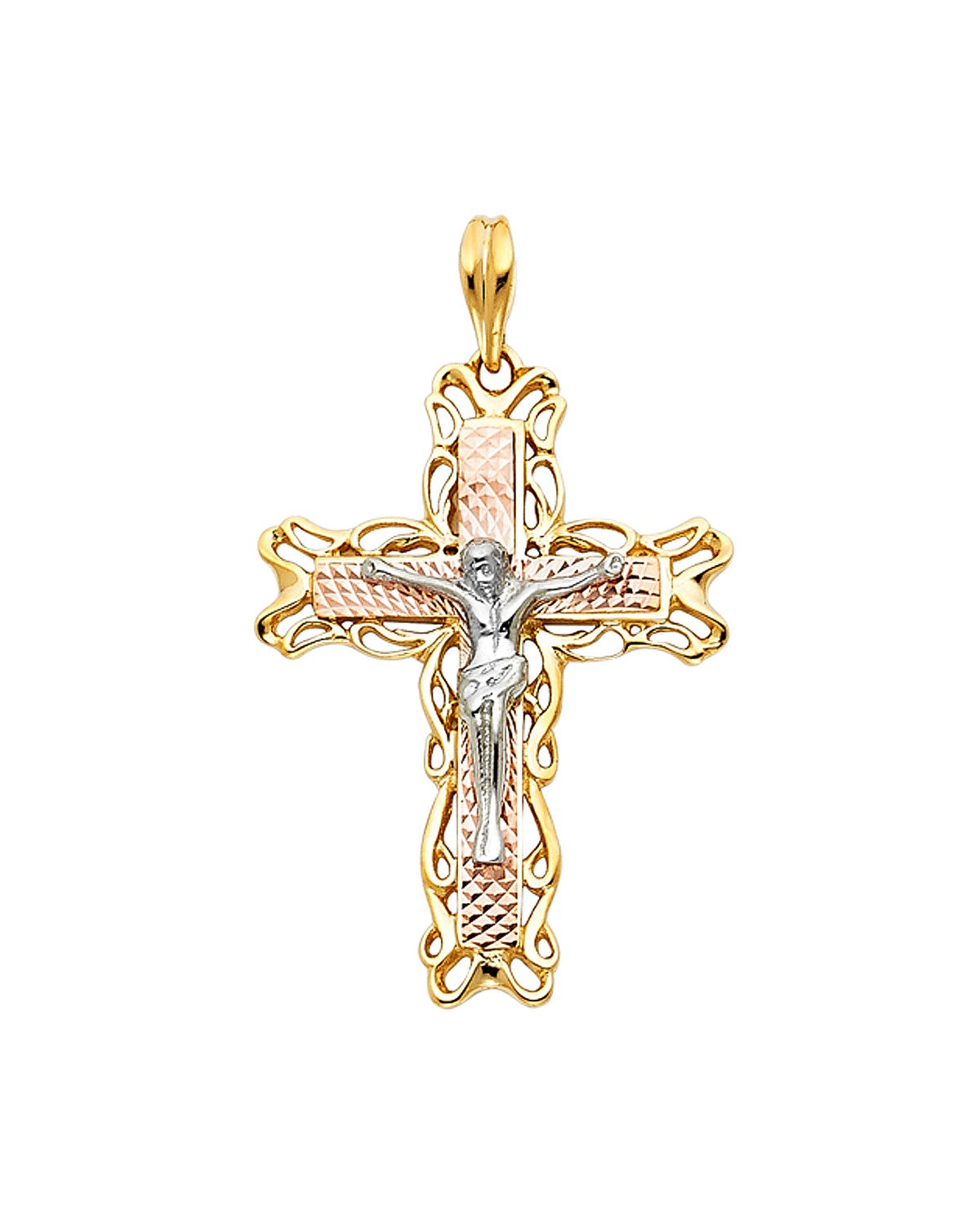 14K Tri-Color Gold 3C Fancy Crucufix Pendant (PT-0952)