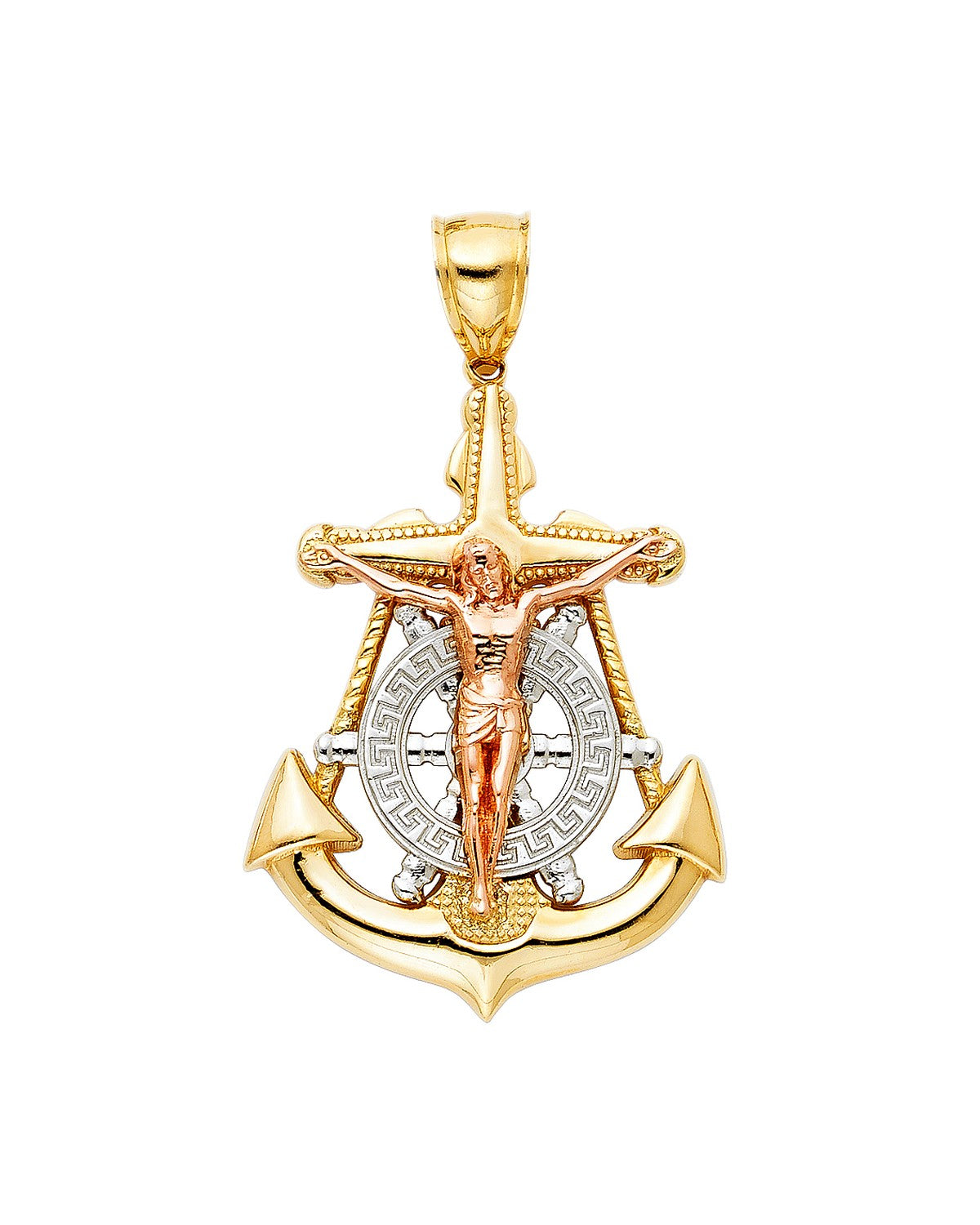 14K Tri-Color Gold 3C Crucufix Anchor Pendant (PT-1207)