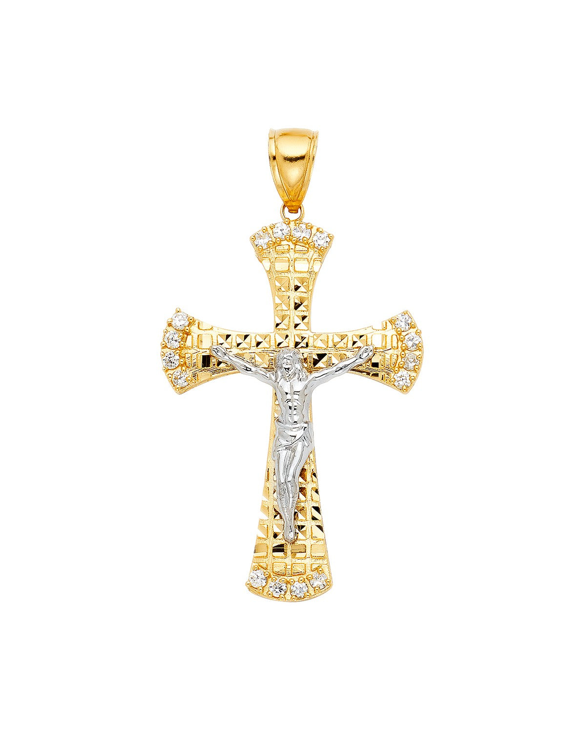 14K Two-Tone Gold 2T CZ Cut Out Crucufix Pendant (PT-1216)