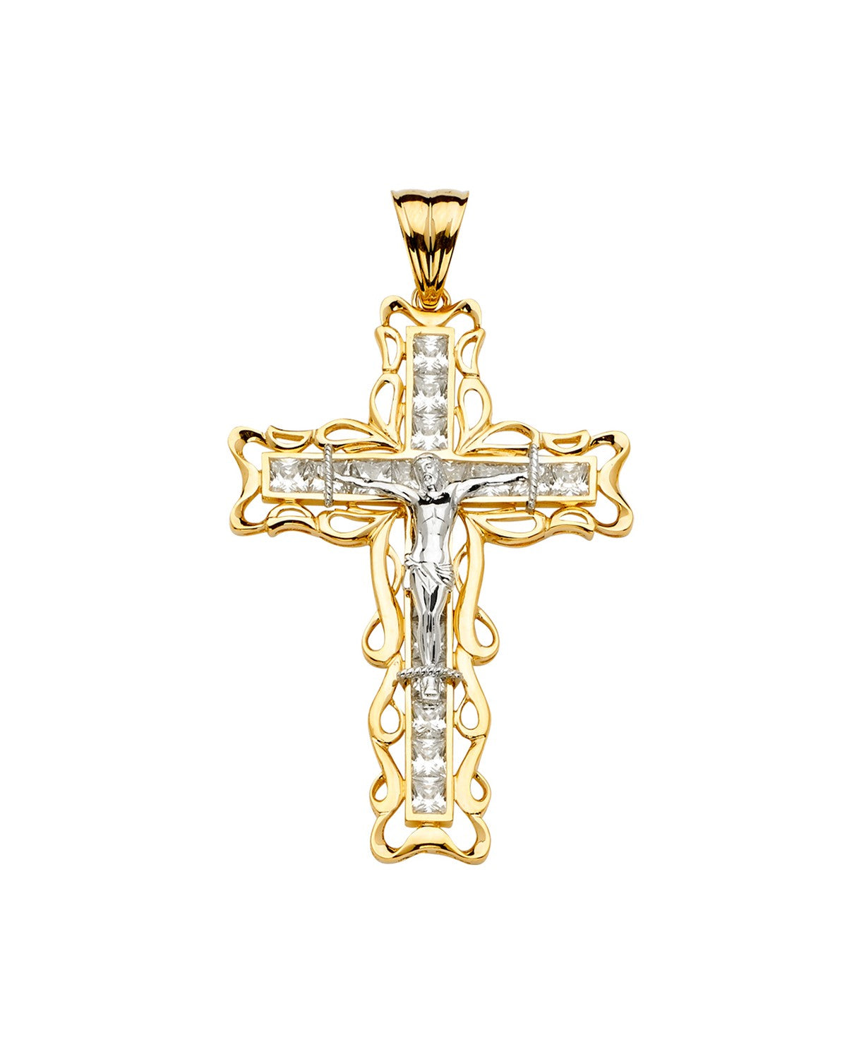 14K Two-Tone Gold CZ Crucifix Cross Pendant (PT-2154)