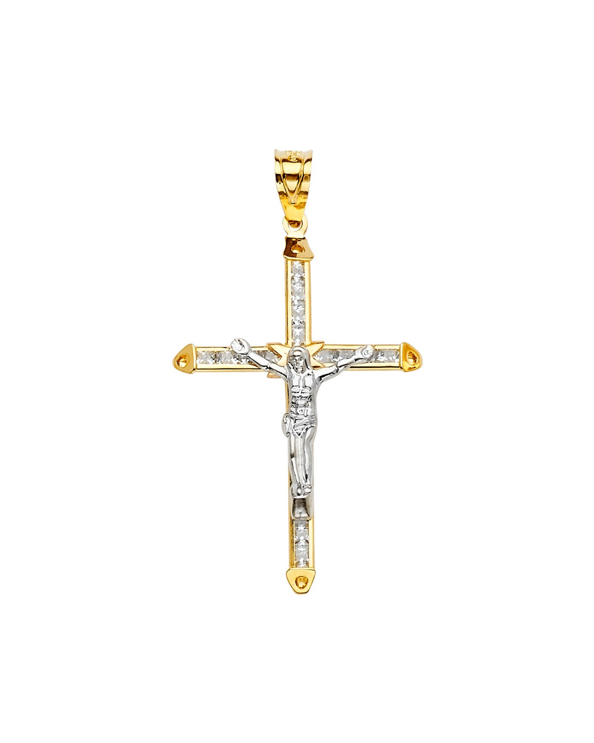 14K Two-Tone Gold CZ Crucifix Cross Pendant (PT-2195)