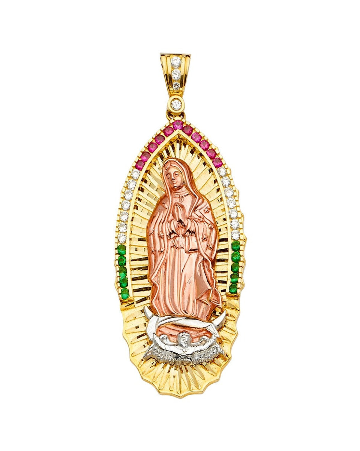 14K Tri-Color Gold 3C Mexican Color CZ Guadalupe Pendant (PT-2283)
