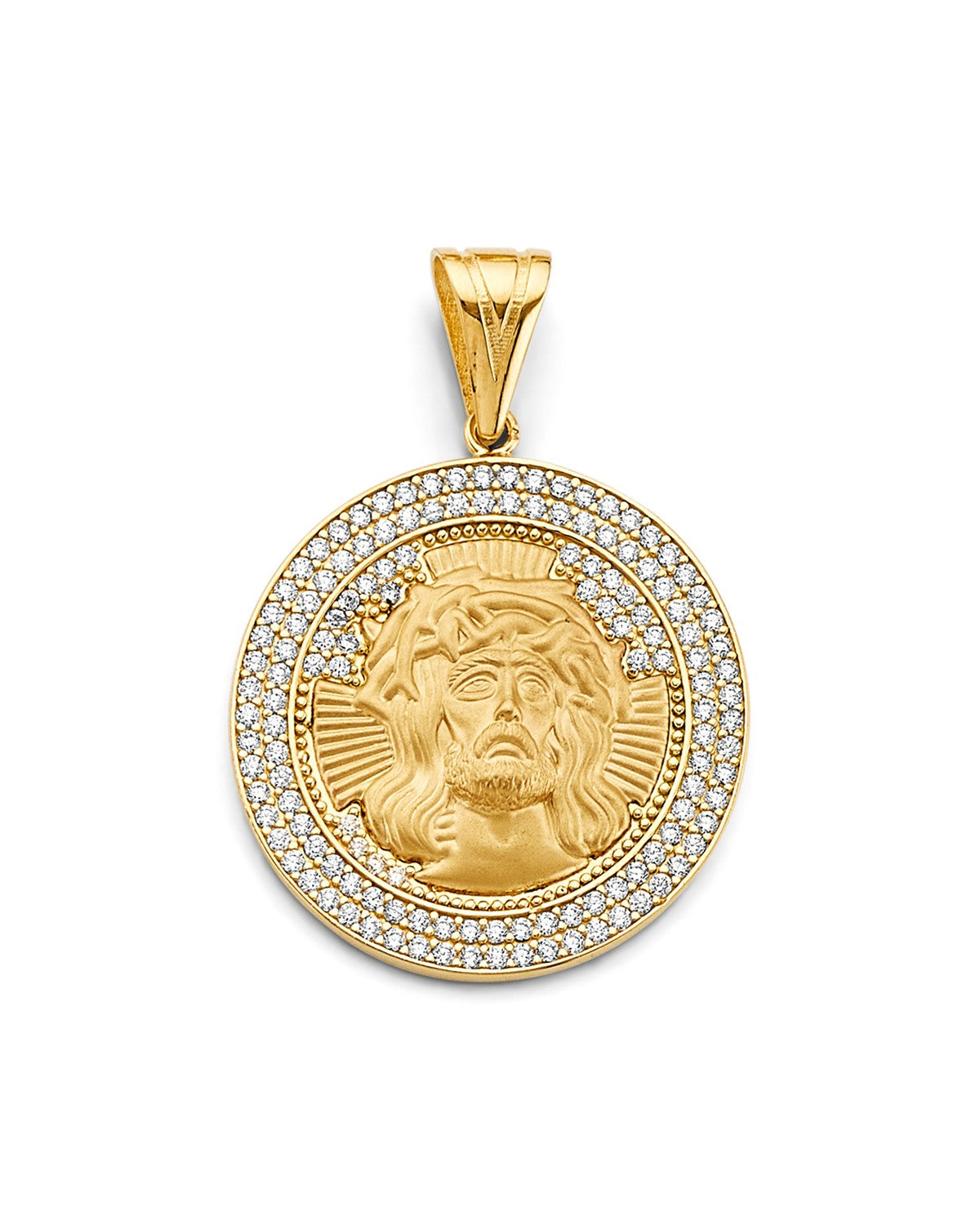 14K Yellow Gold CZ Round Jesus Face Pendant (PT-2619)