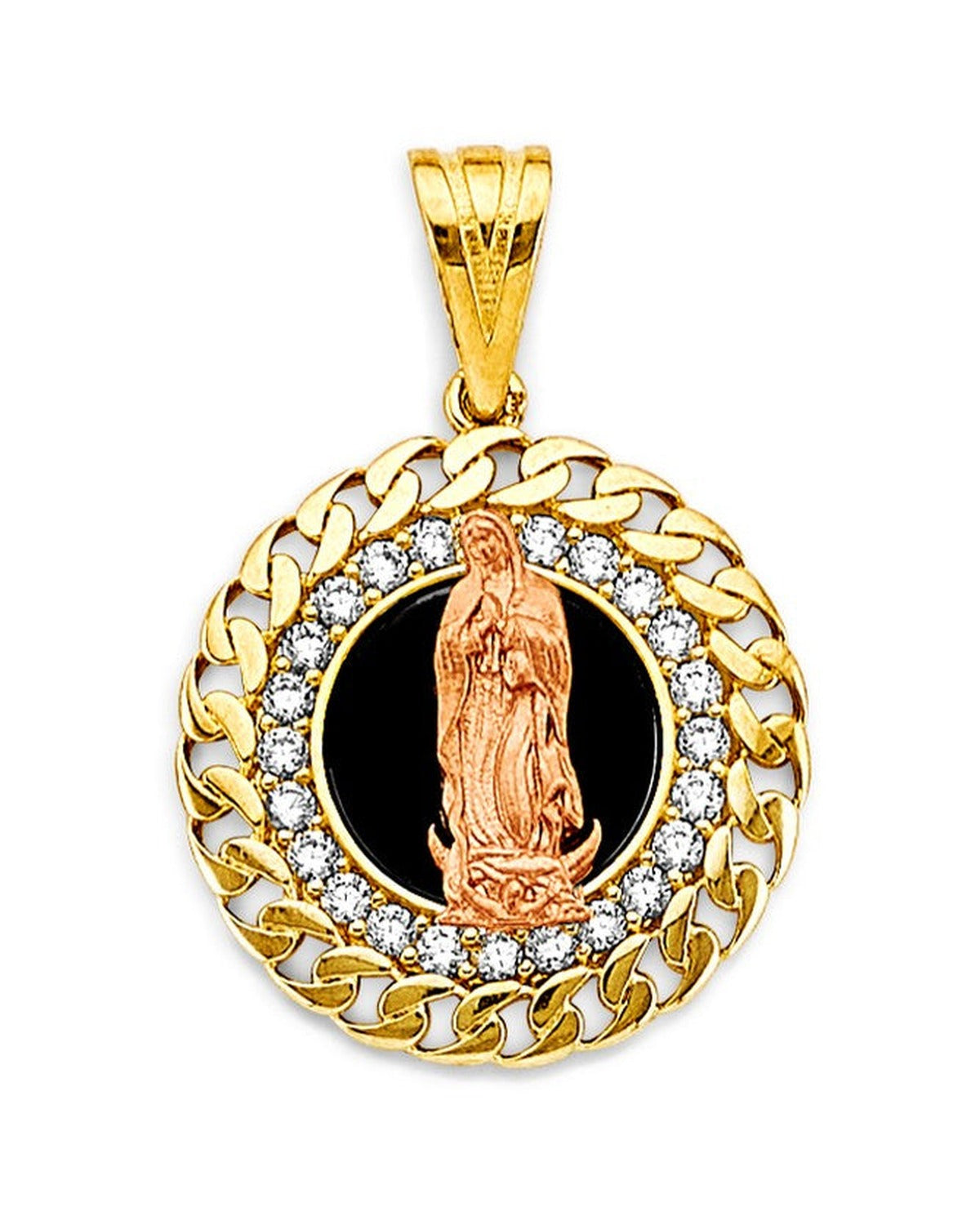 14K Two-Tone Gold 2T CZ Onyx Guadalupe Pendant (PT-2815)