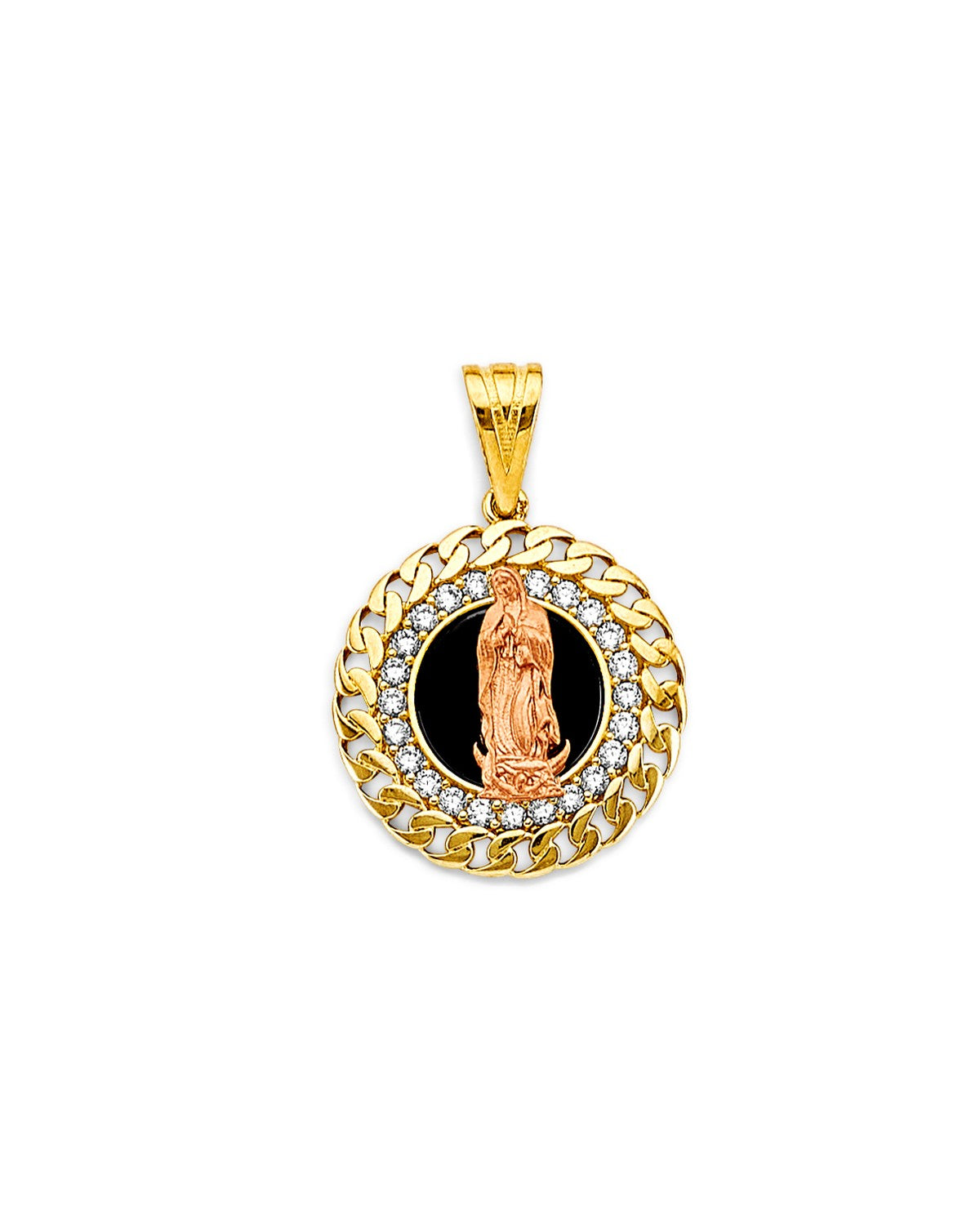 14K Two-Tone Gold 2T CZ Onyx Guadalupe Pendant (PT-2815)